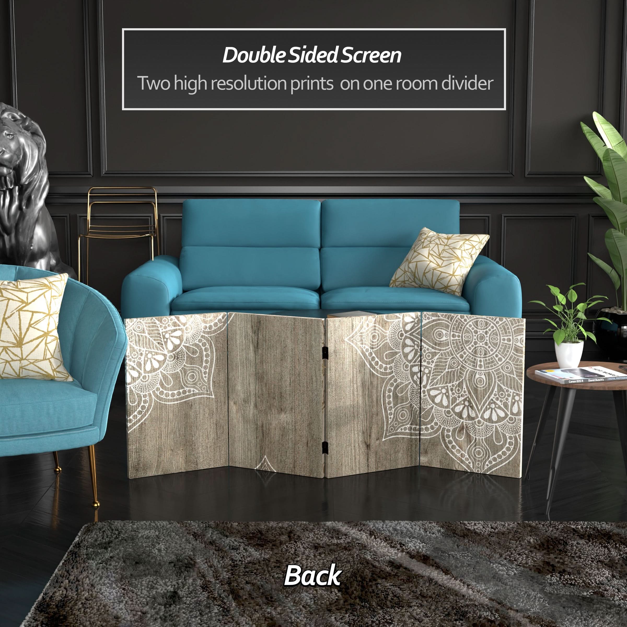 2 ft. Short Double Sided Mandala on Oak Canvas Folding Screen - Image 3