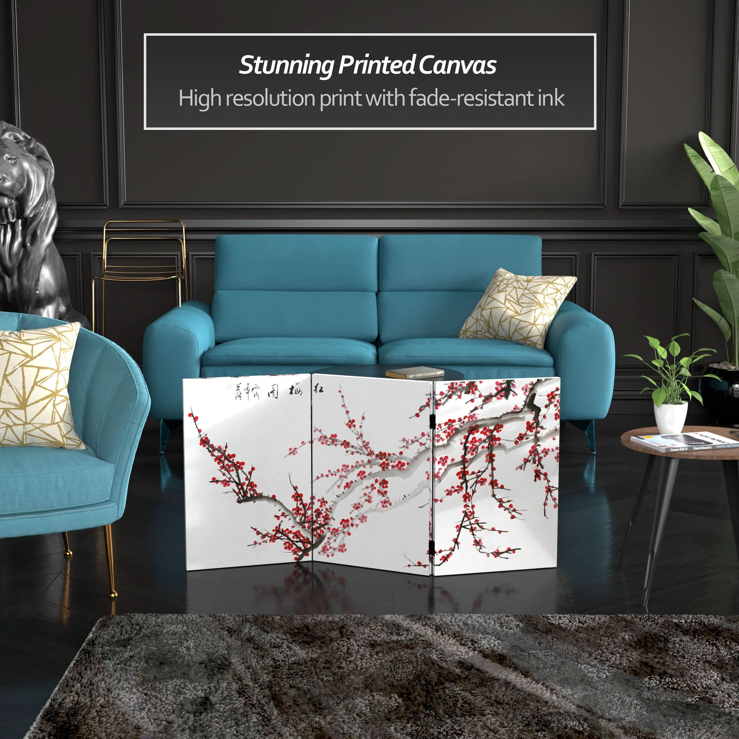 2 ft. Short Double Sided Plum Blossom Canvas Folding Screen - Image 2