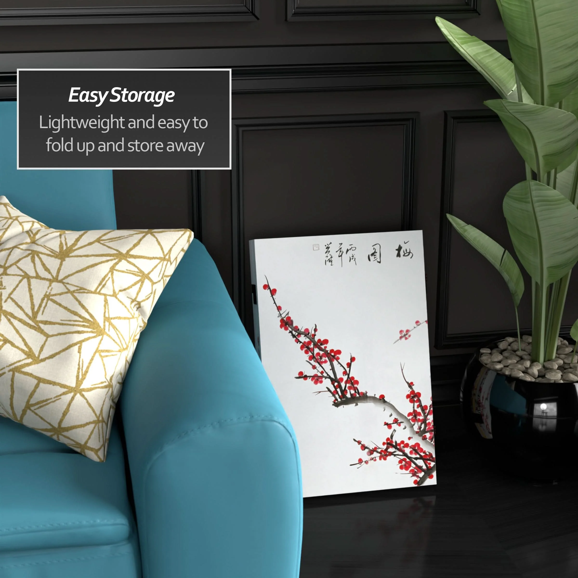 2 ft. Short Double Sided Plum Blossom Canvas Folding Screen - Image 3