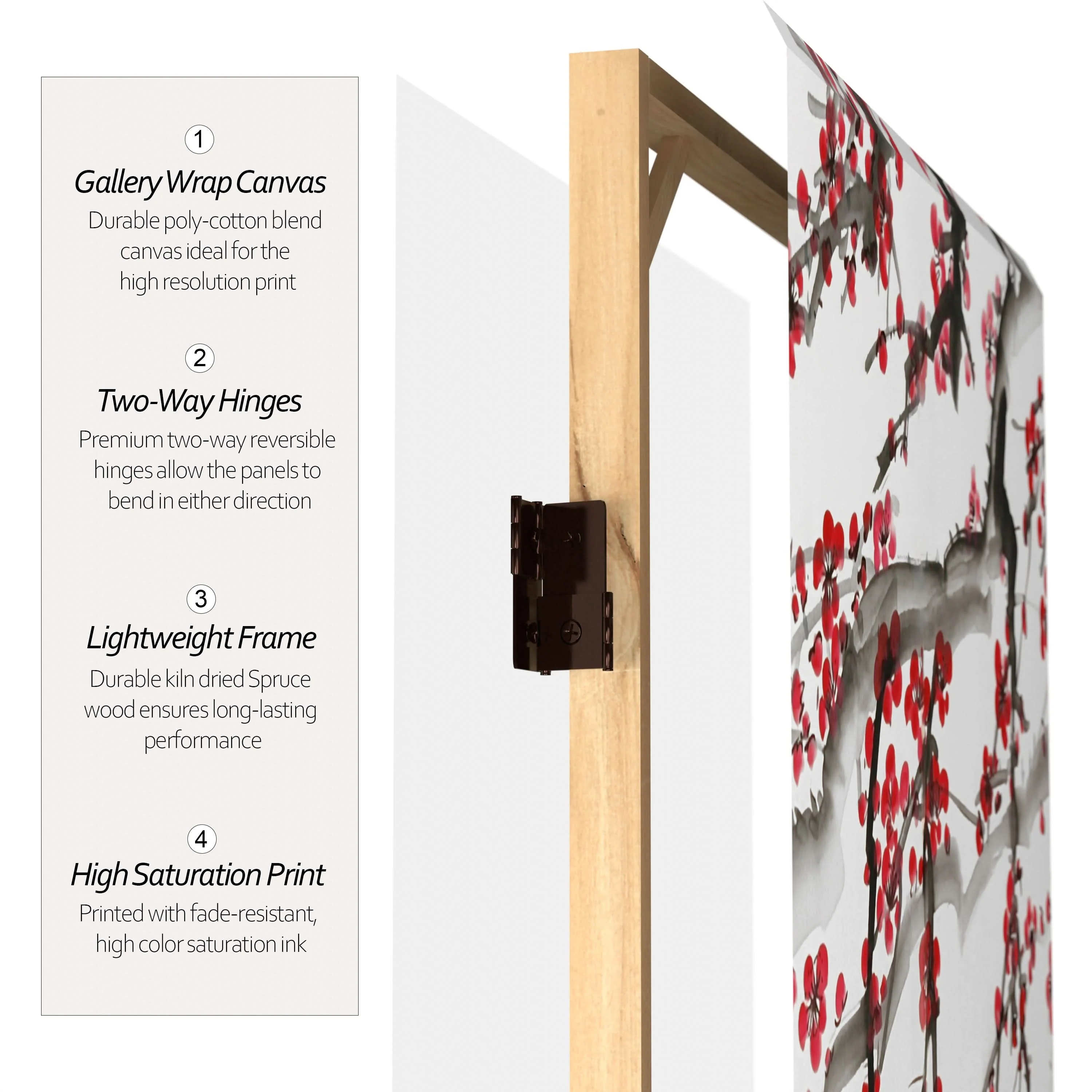 2 ft. Short Double Sided Plum Blossom Canvas Folding Screen - Image 4