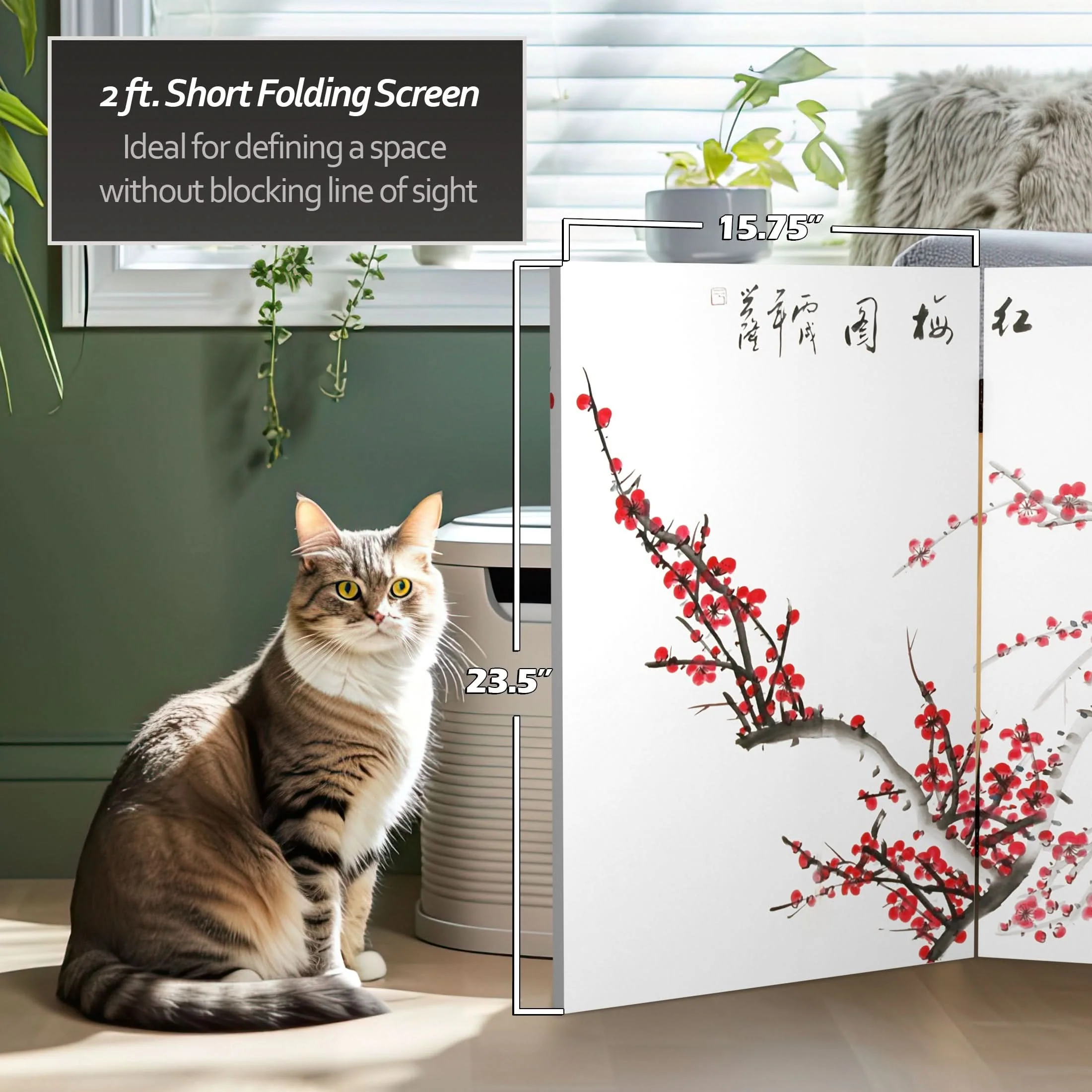 2 ft. Short Double Sided Plum Blossom Canvas Folding Screen - Image 5