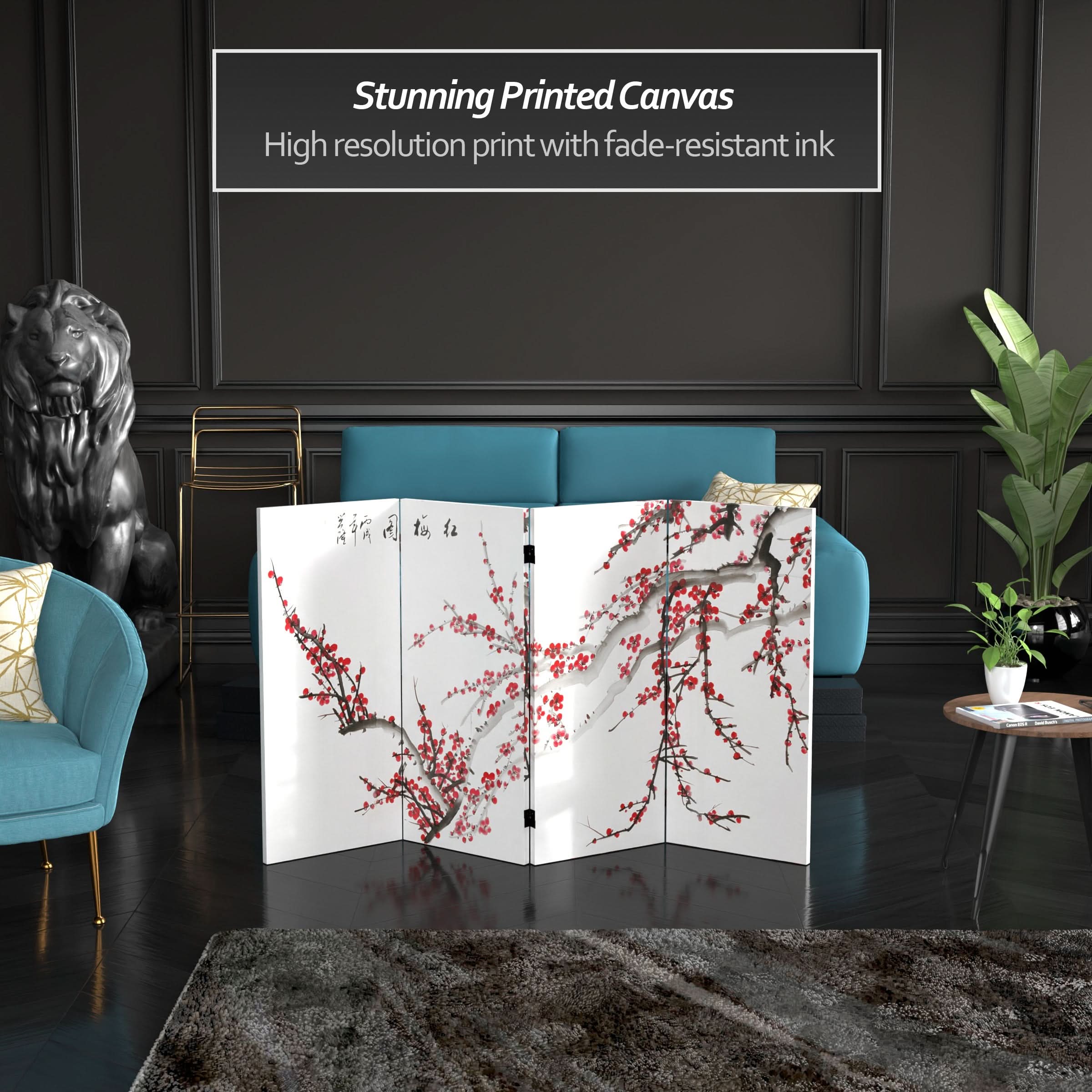 3 ft. Short Double Sided Plum Blossom Canvas Room Divider - Image 2