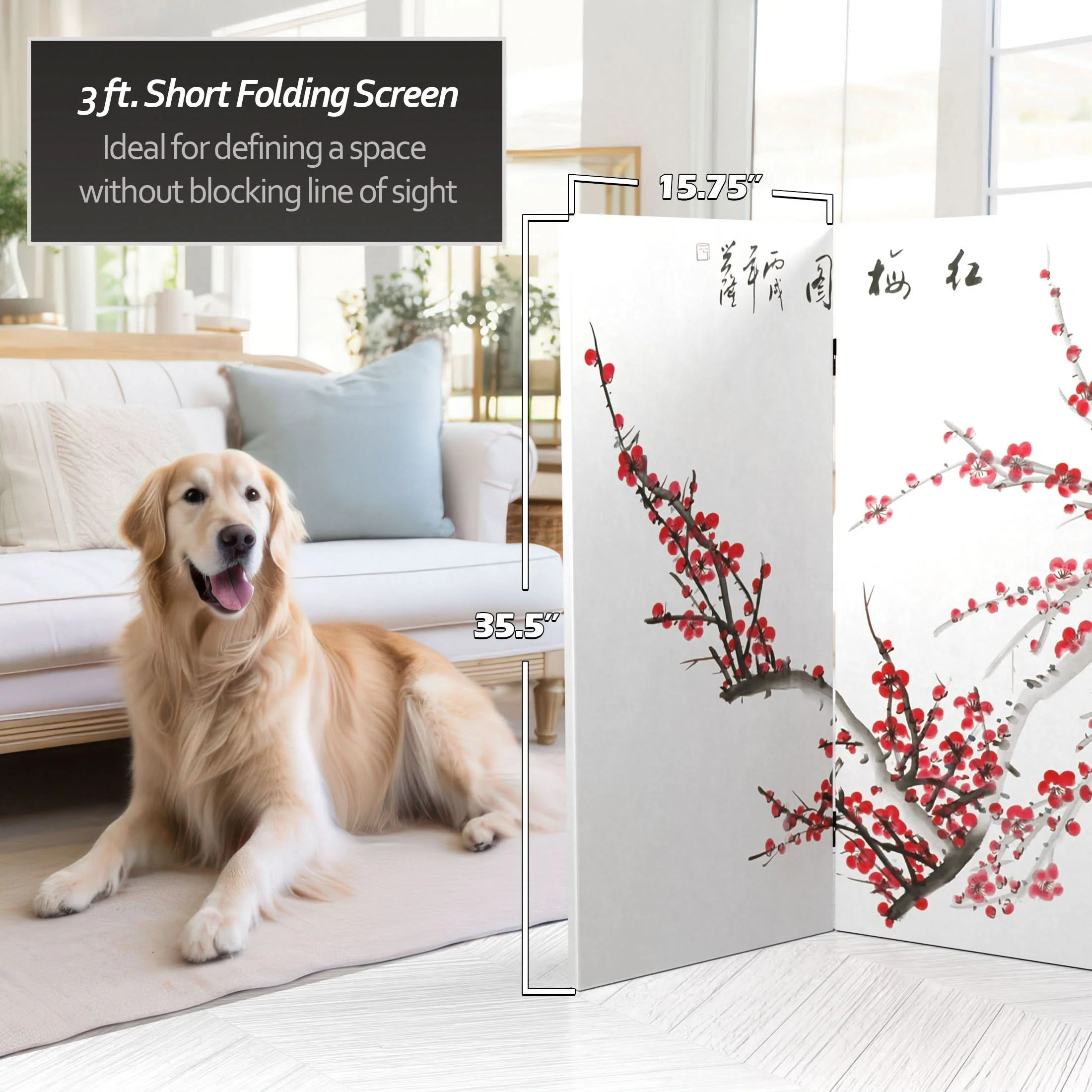3 ft. Short Double Sided Plum Blossom Canvas Room Divider - Image 4