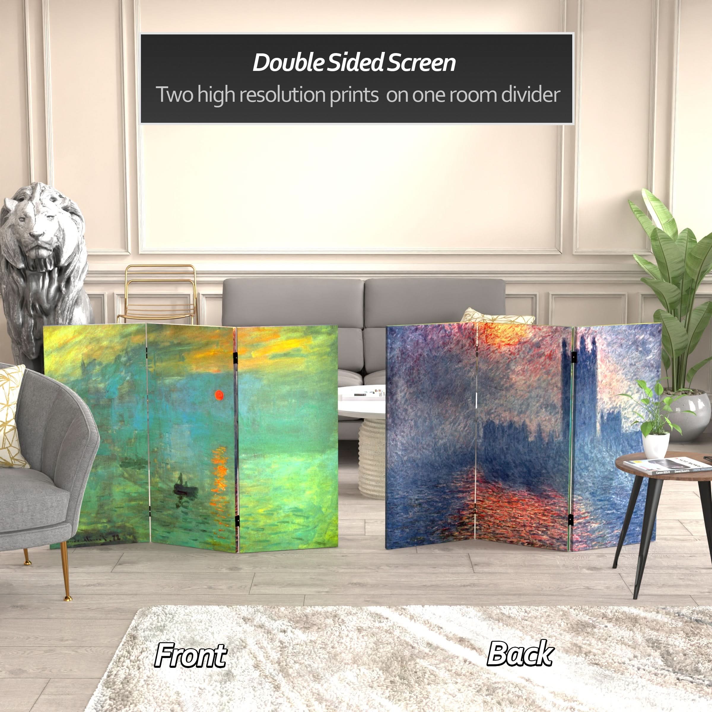 3 ft. Short Double Sided Works of Monet Canvas Folding Screen - Impression Sunrise/Houses of Parliament - Image 2