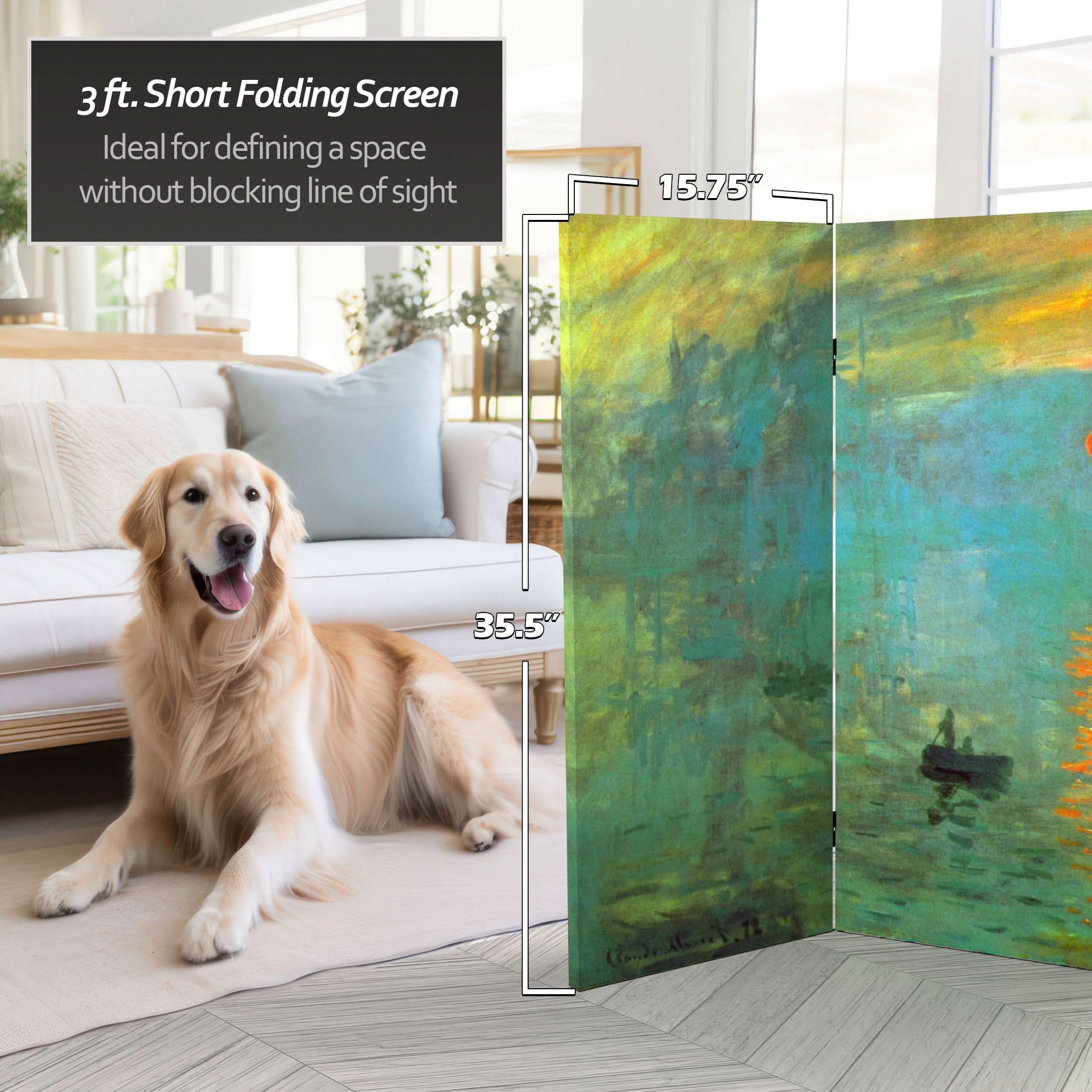 3 ft. Short Double Sided Works of Monet Canvas Folding Screen - Impression Sunrise/Houses of Parliament - Image 5