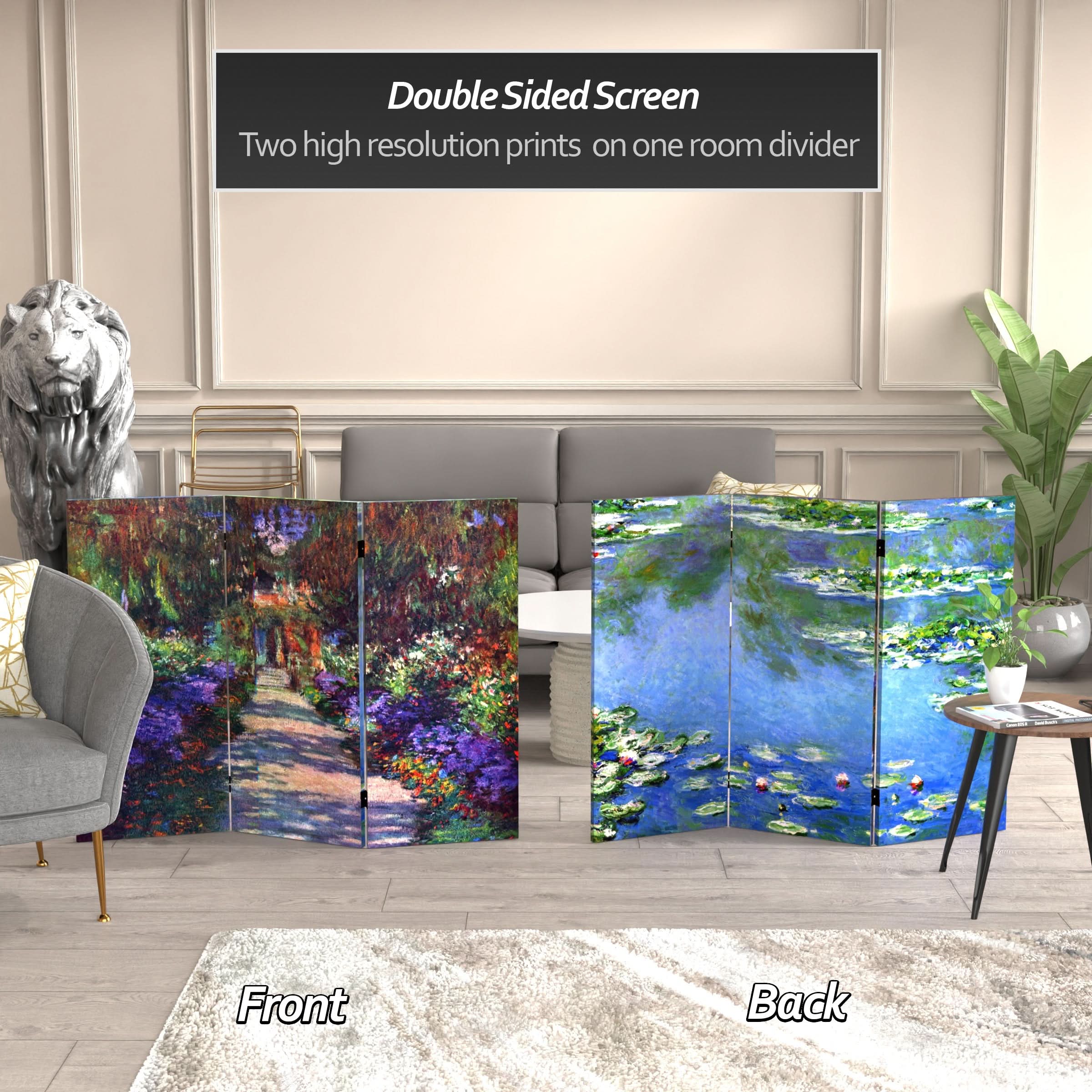 3 ft. Short Double Sided Works of Monet Canvas Folding Screen - Lilies/Garden at Giverny - Image 2