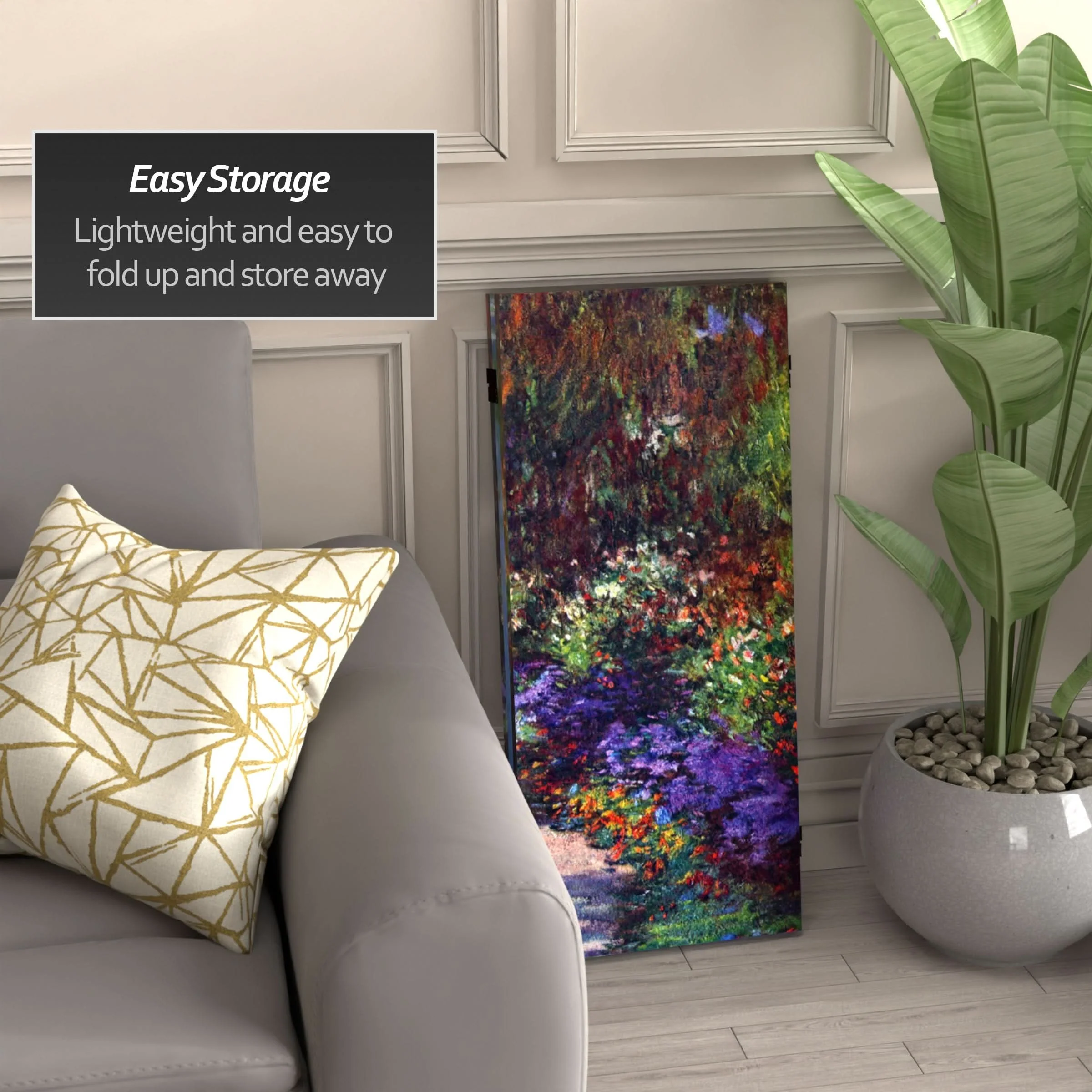 3 ft. Short Double Sided Works of Monet Canvas Folding Screen - Lilies/Garden at Giverny - Image 3