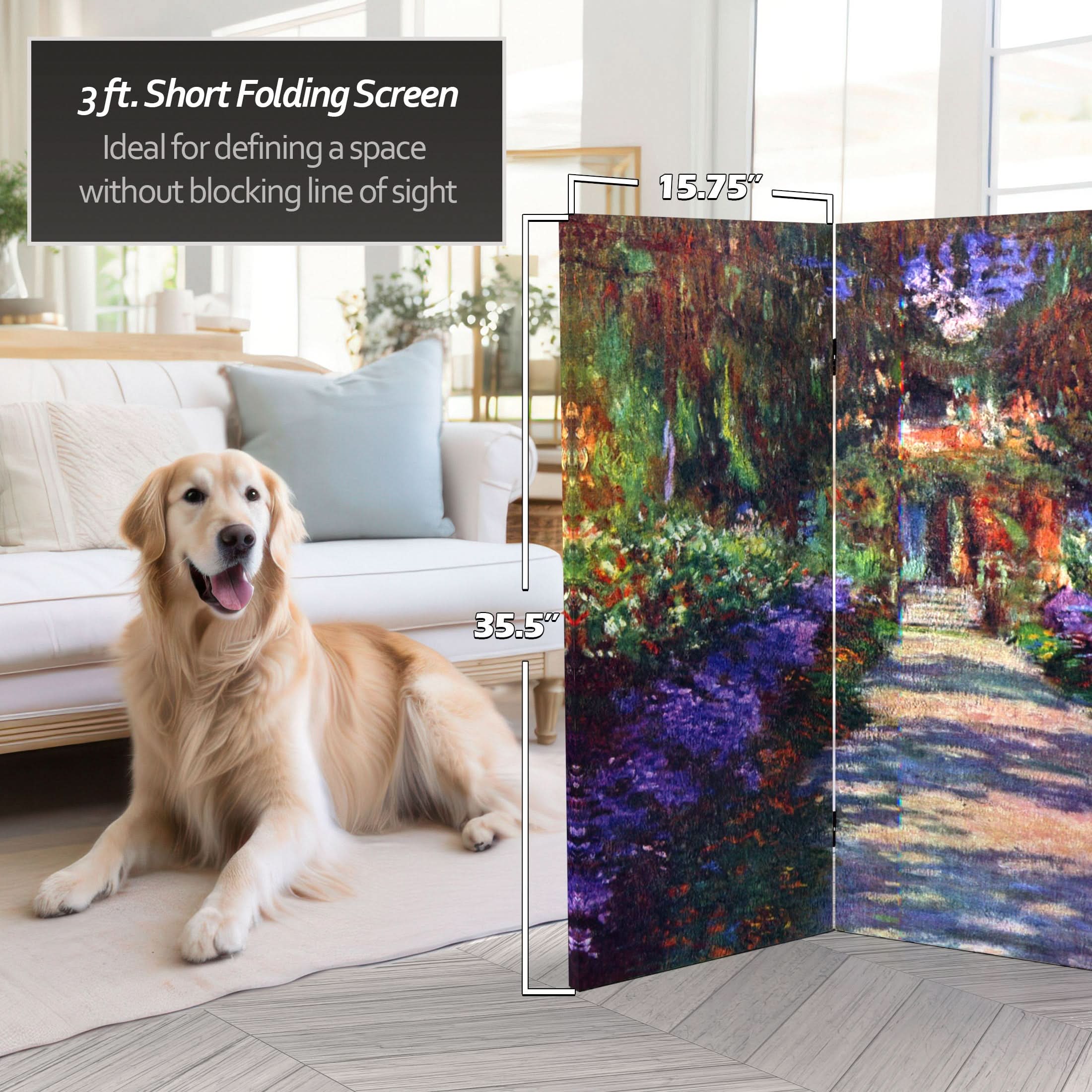 3 ft. Short Double Sided Works of Monet Canvas Folding Screen - Lilies/Garden at Giverny - Image 5