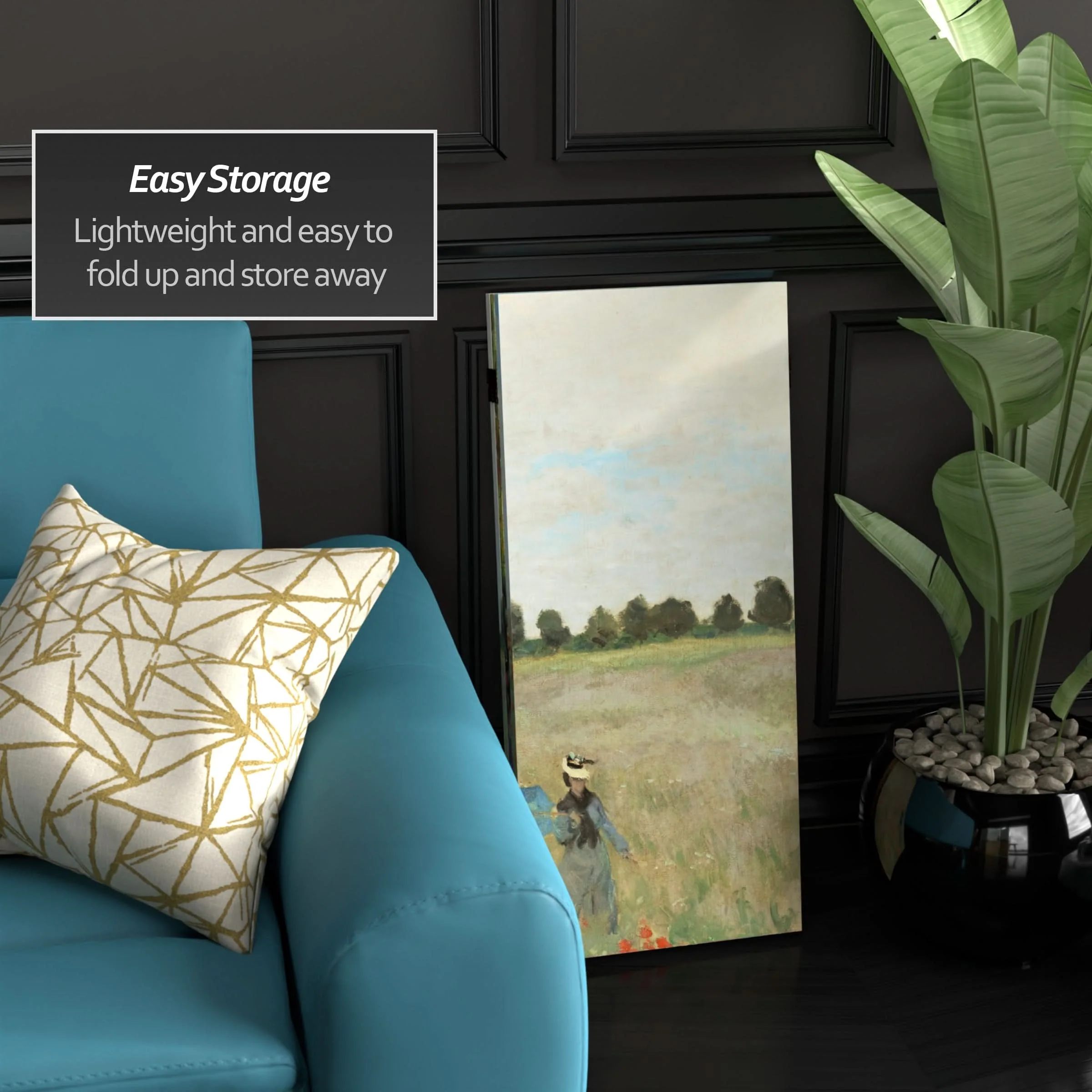 3 ft. Short Double Sided Works of Monet Canvas Folding Screen - Water Lillies/Pathway - Image 3