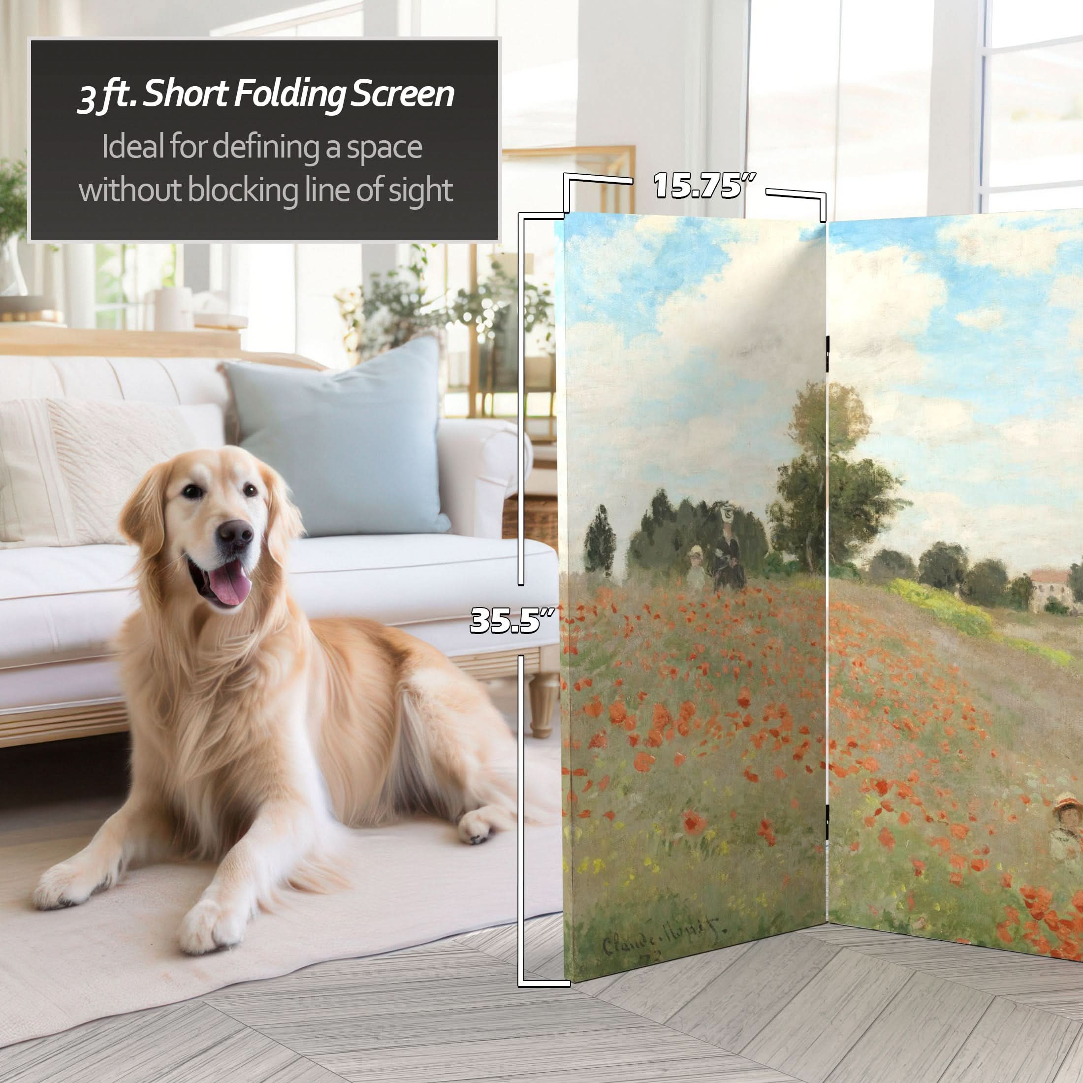 3 ft. Short Double Sided Works of Monet Canvas Folding Screen - Water Lillies/Pathway - Image 5