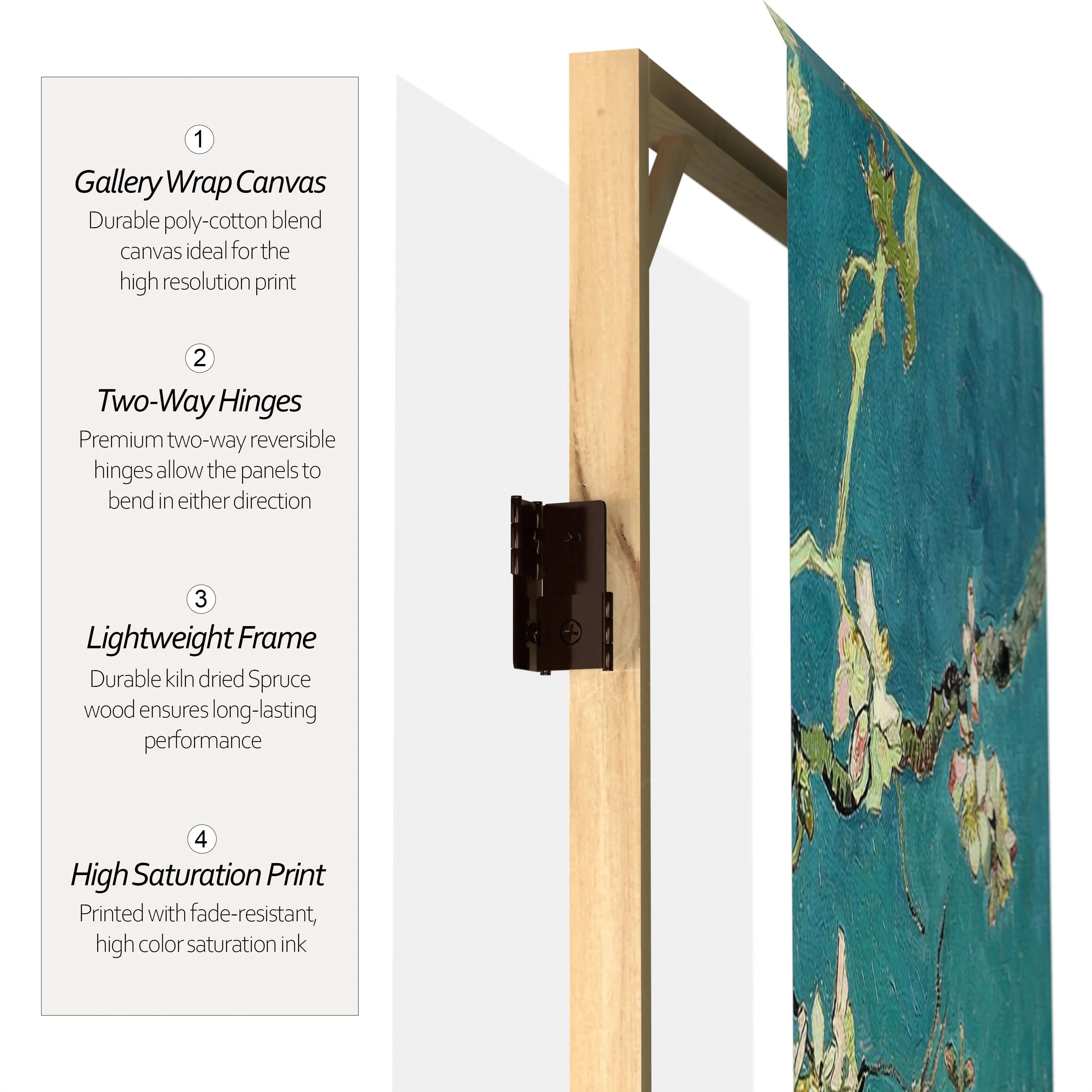 3 ft. Short Double Sided Works of Van Gogh Canvas Folding Screen - Almond Blossoms/Wheat Field - Image 4