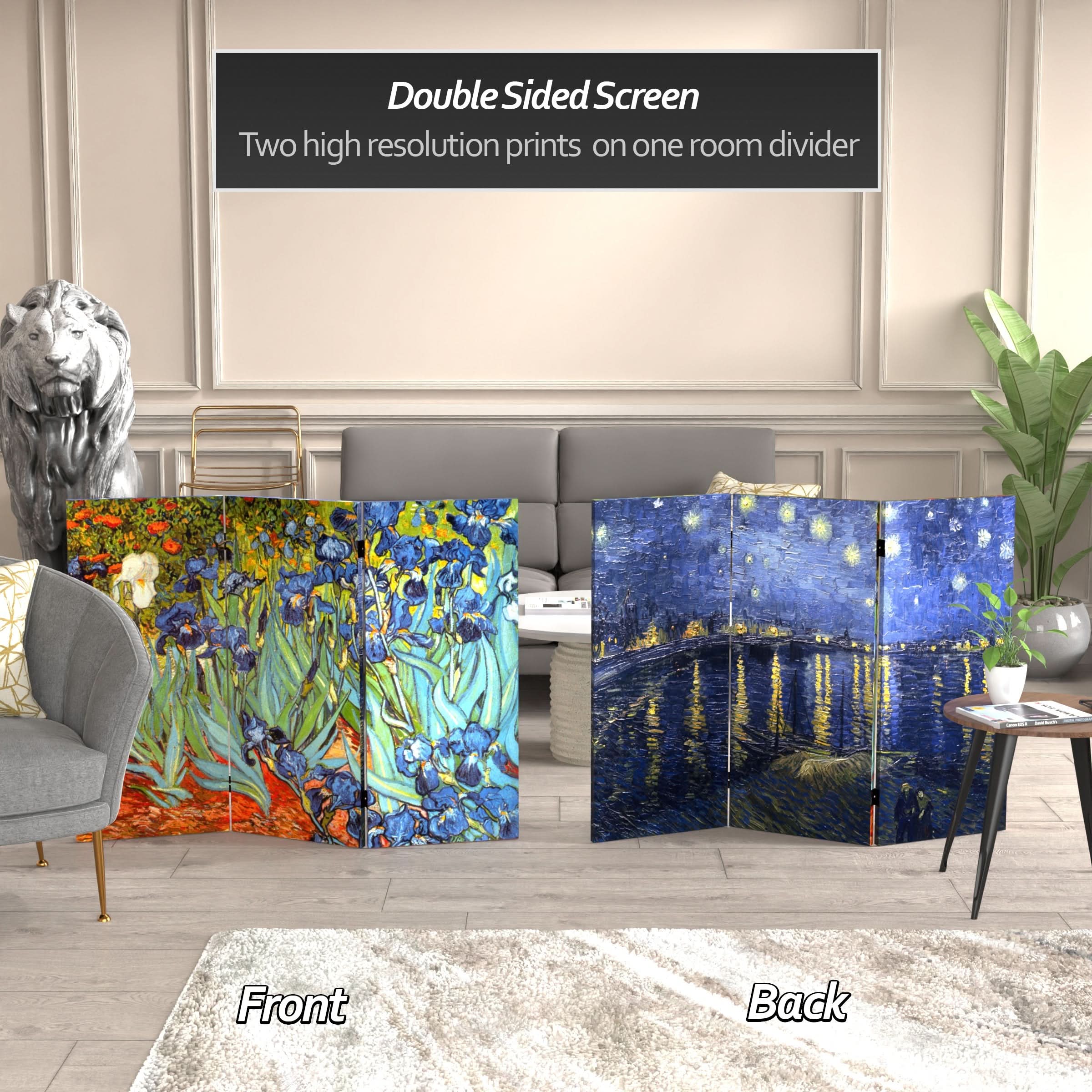 3 ft. Short Double Sided Works of Van Gogh Canvas Folding Screen - Irises/Starry Night Over Rhone - Image 2