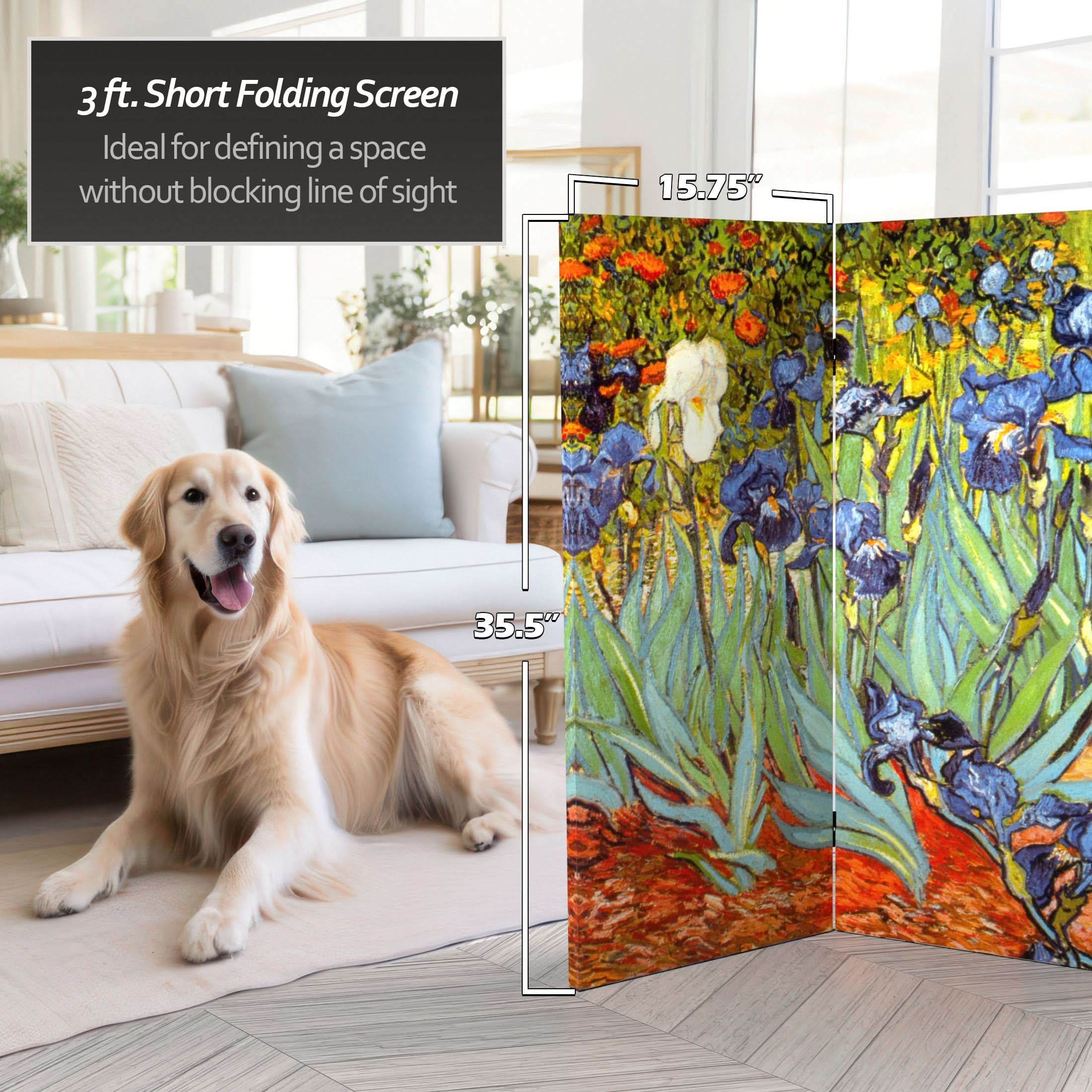3 ft. Short Double Sided Works of Van Gogh Canvas Folding Screen - Irises/Starry Night Over Rhone - Image 5