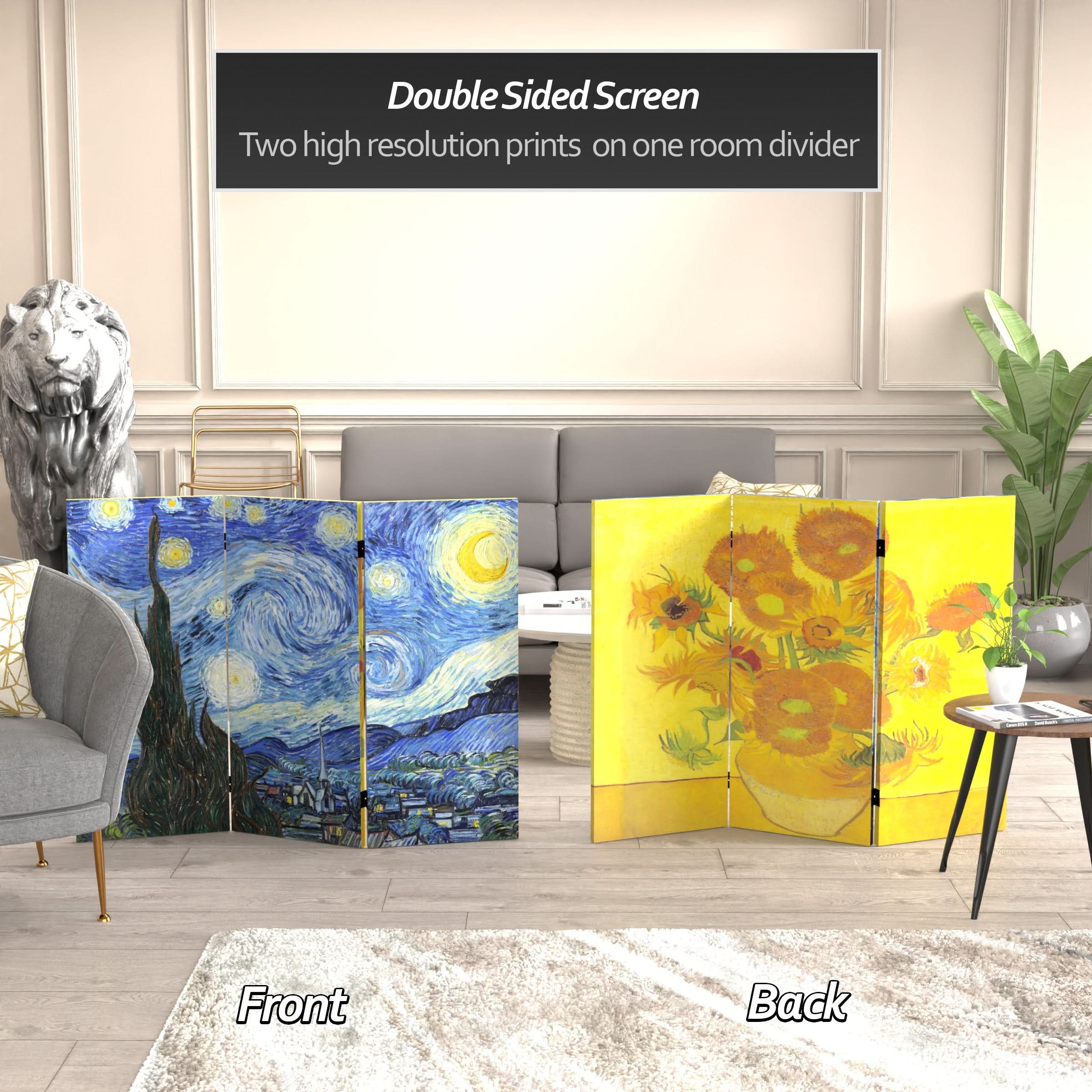 3 ft. Short Double Sided Works of Van Gogh Canvas Folding Screen - Starry Night/Sunflowers - Image 2