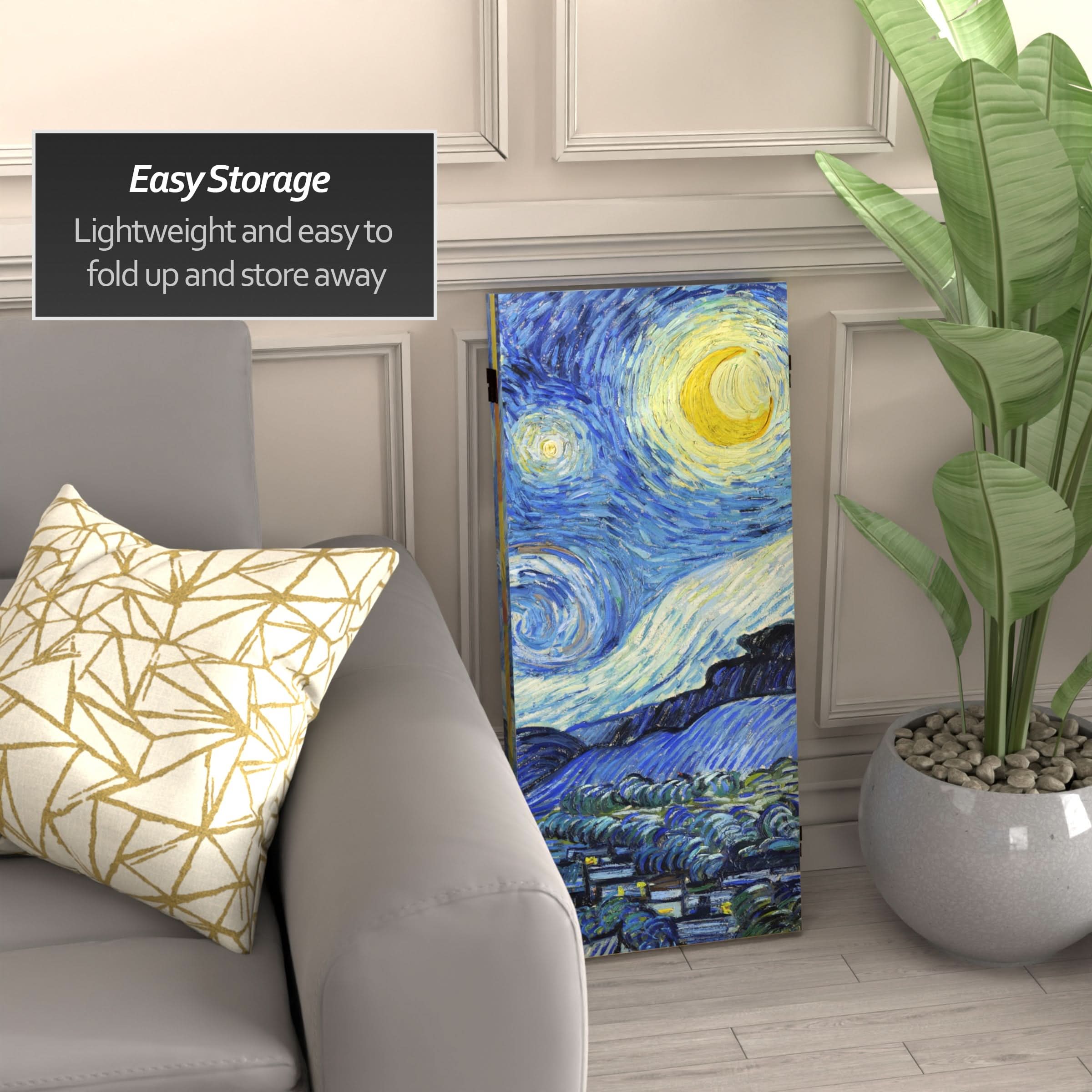 3 ft. Short Double Sided Works of Van Gogh Canvas Folding Screen - Starry Night/Sunflowers - Image 3