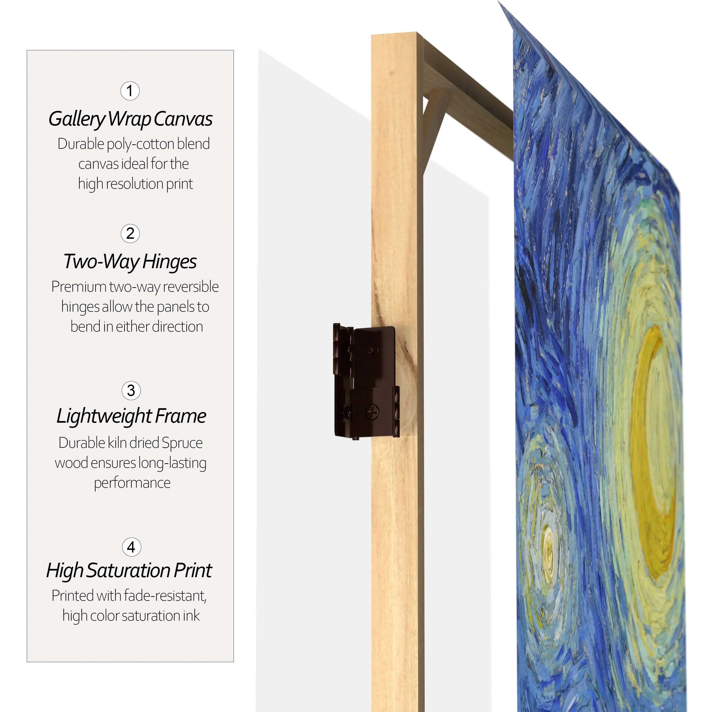 3 ft. Short Double Sided Works of Van Gogh Canvas Folding Screen - Starry Night/Sunflowers - Image 4