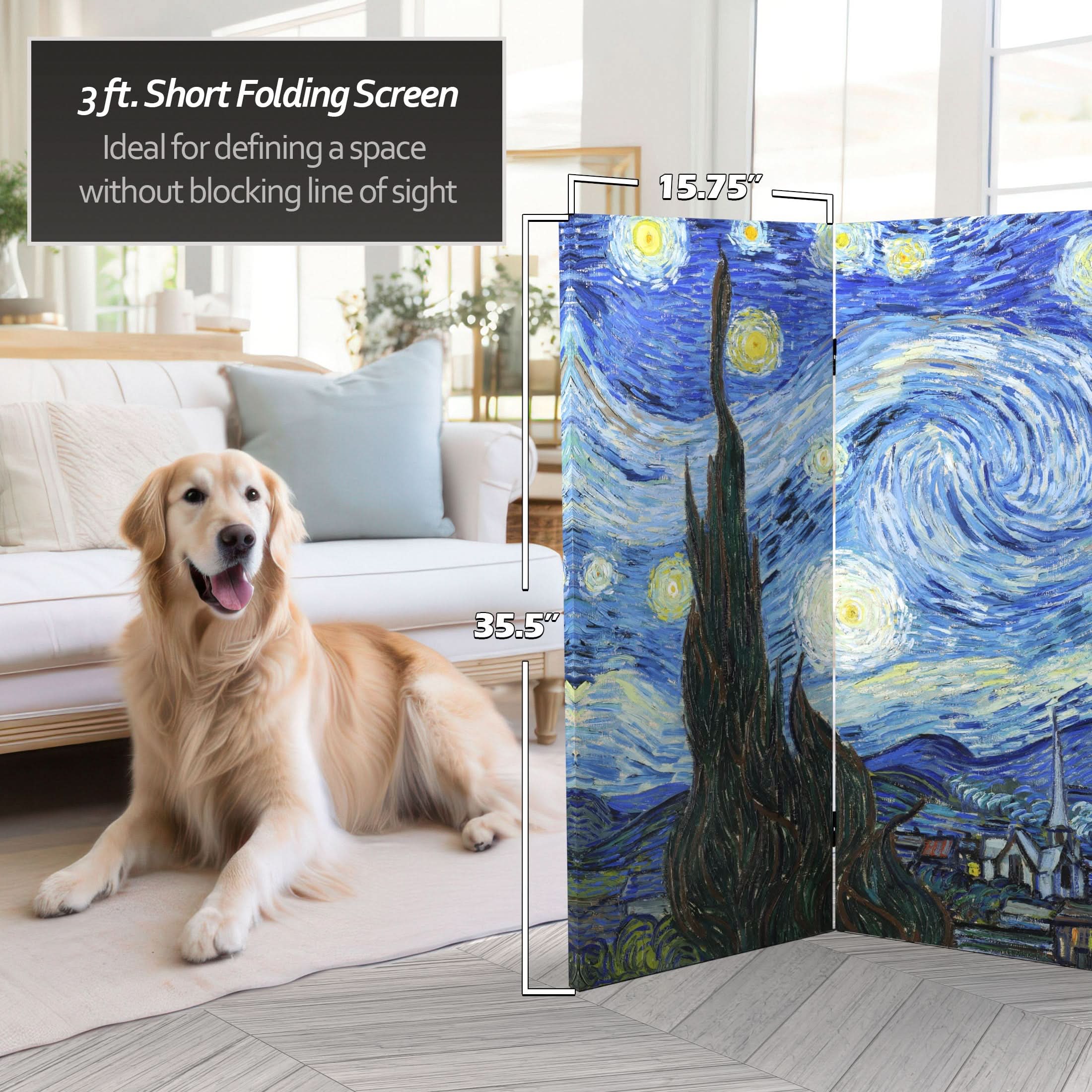 3 ft. Short Double Sided Works of Van Gogh Canvas Folding Screen - Starry Night/Sunflowers - Image 5