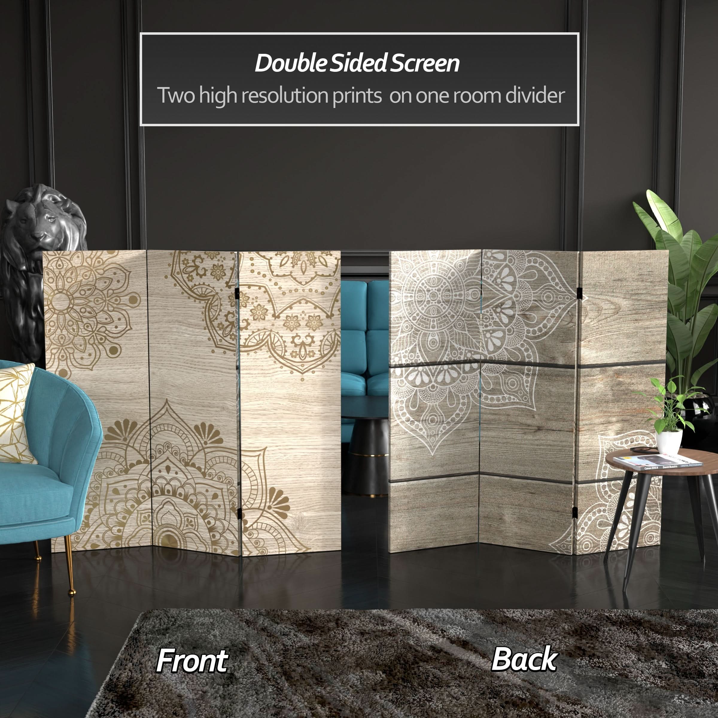 4 ft. Short Double Sided Mandala on Oak Canvas Folding Screen - Image 2