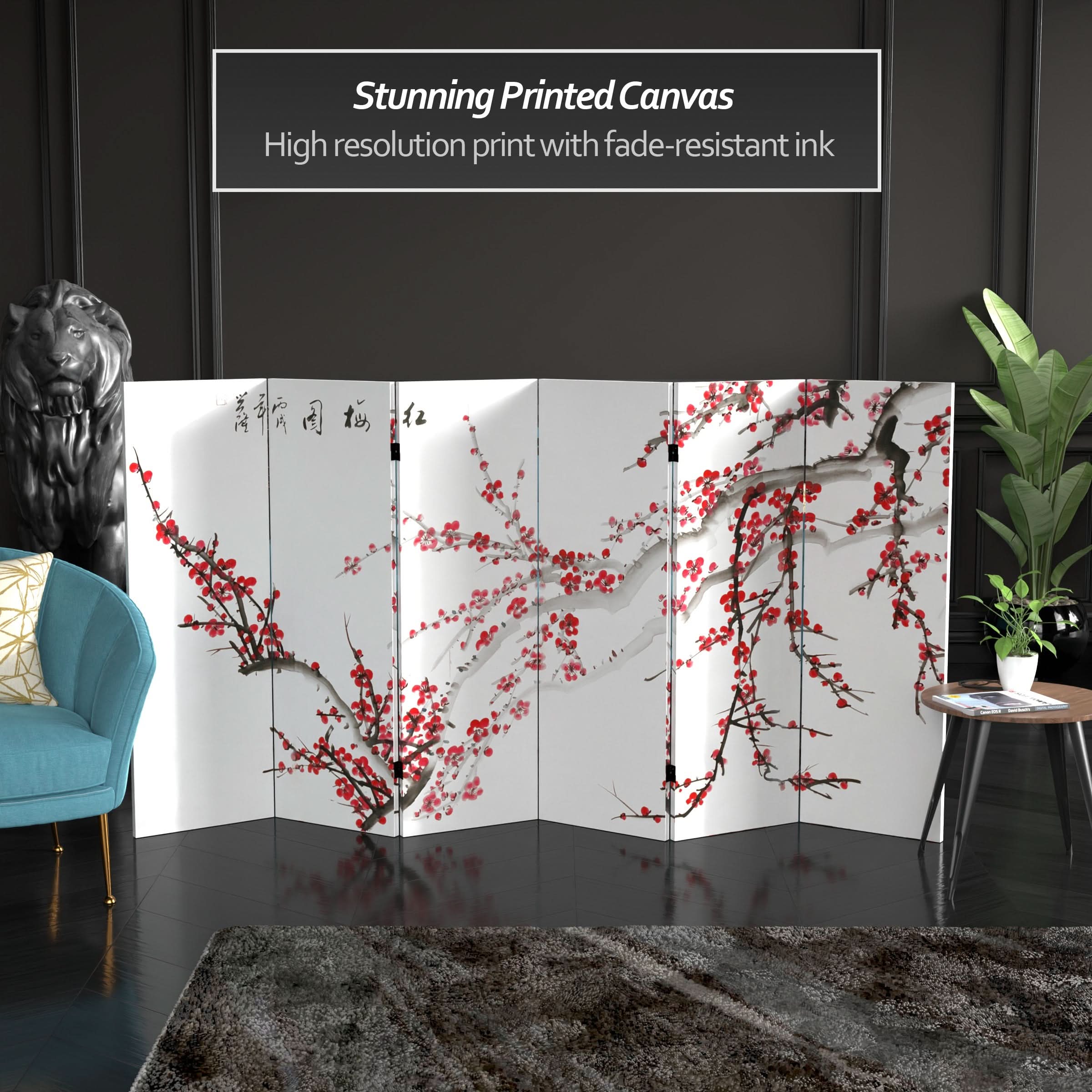 4 ft. Short Double Sided Plum Blossom Canvas Folding Screen - Image 2
