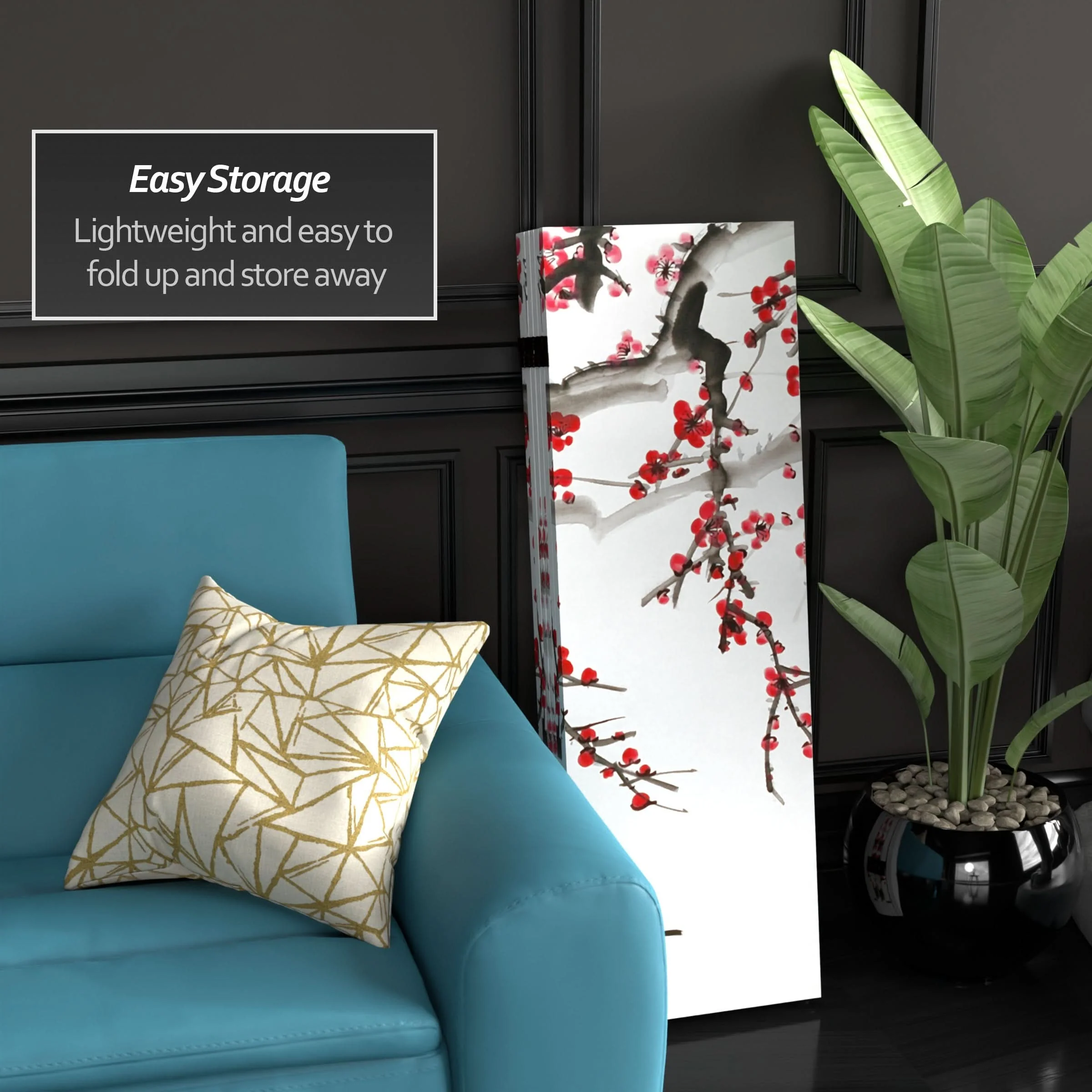 4 ft. Short Double Sided Plum Blossom Canvas Folding Screen - Image 3