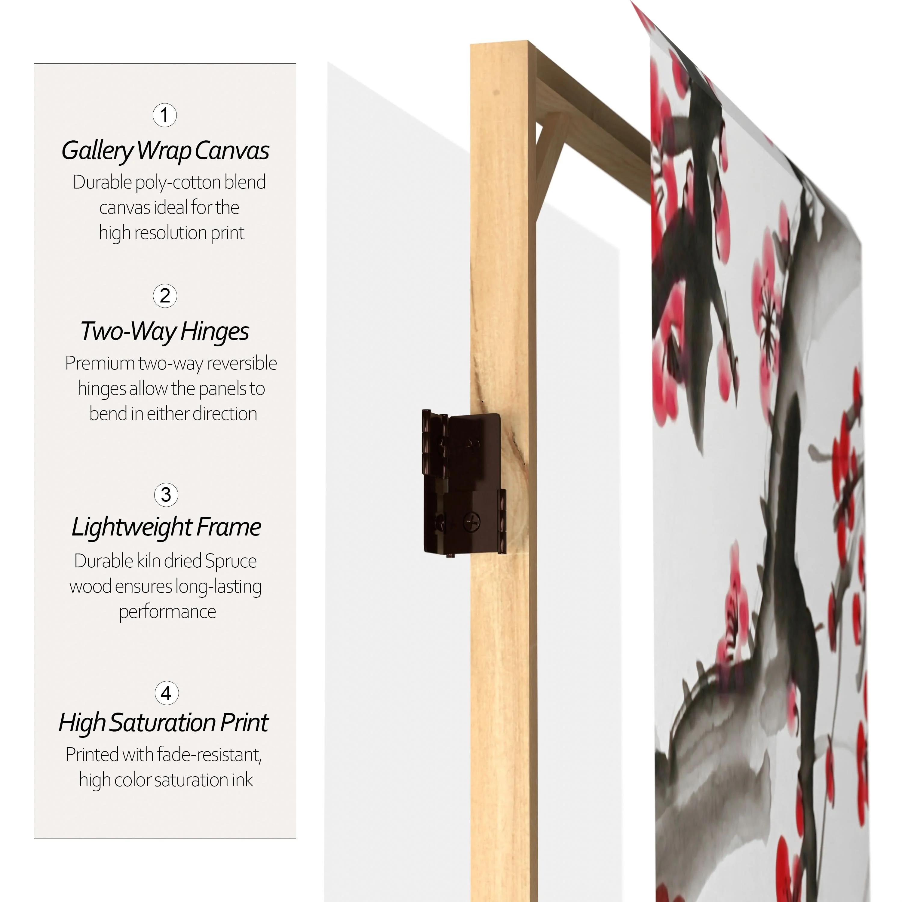 4 ft. Short Double Sided Plum Blossom Canvas Folding Screen - Image 4