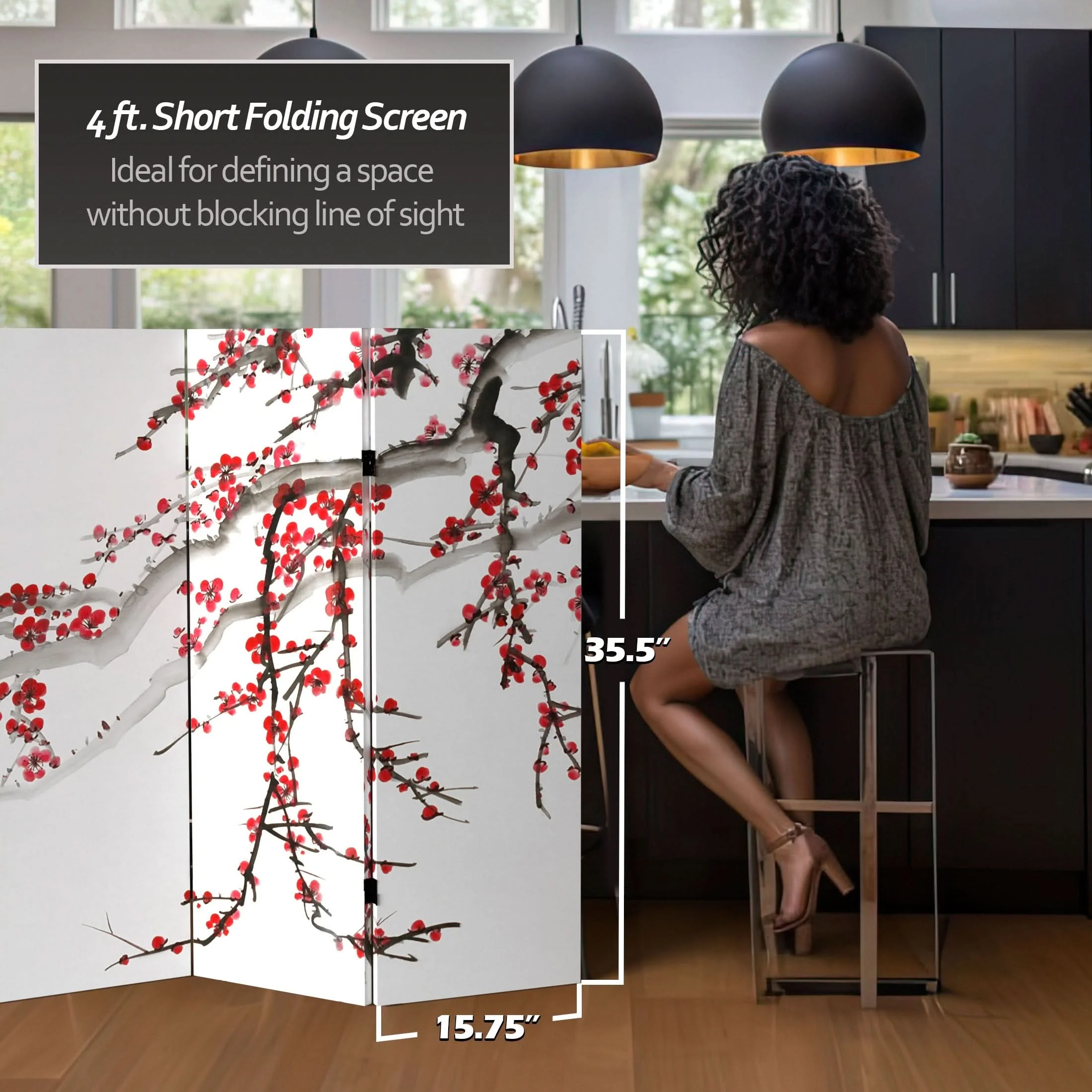 4 ft. Short Double Sided Plum Blossom Canvas Folding Screen - Image 5