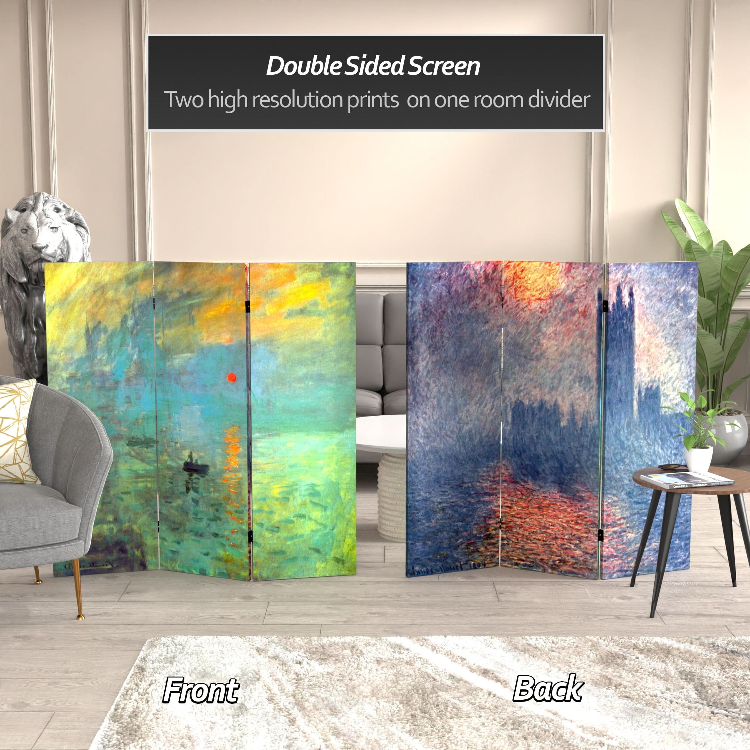 4 ft. Short Double Sided Works of Monet Canvas Folding Screen - Impression Sunrise/Houses of Parliament - Image 2