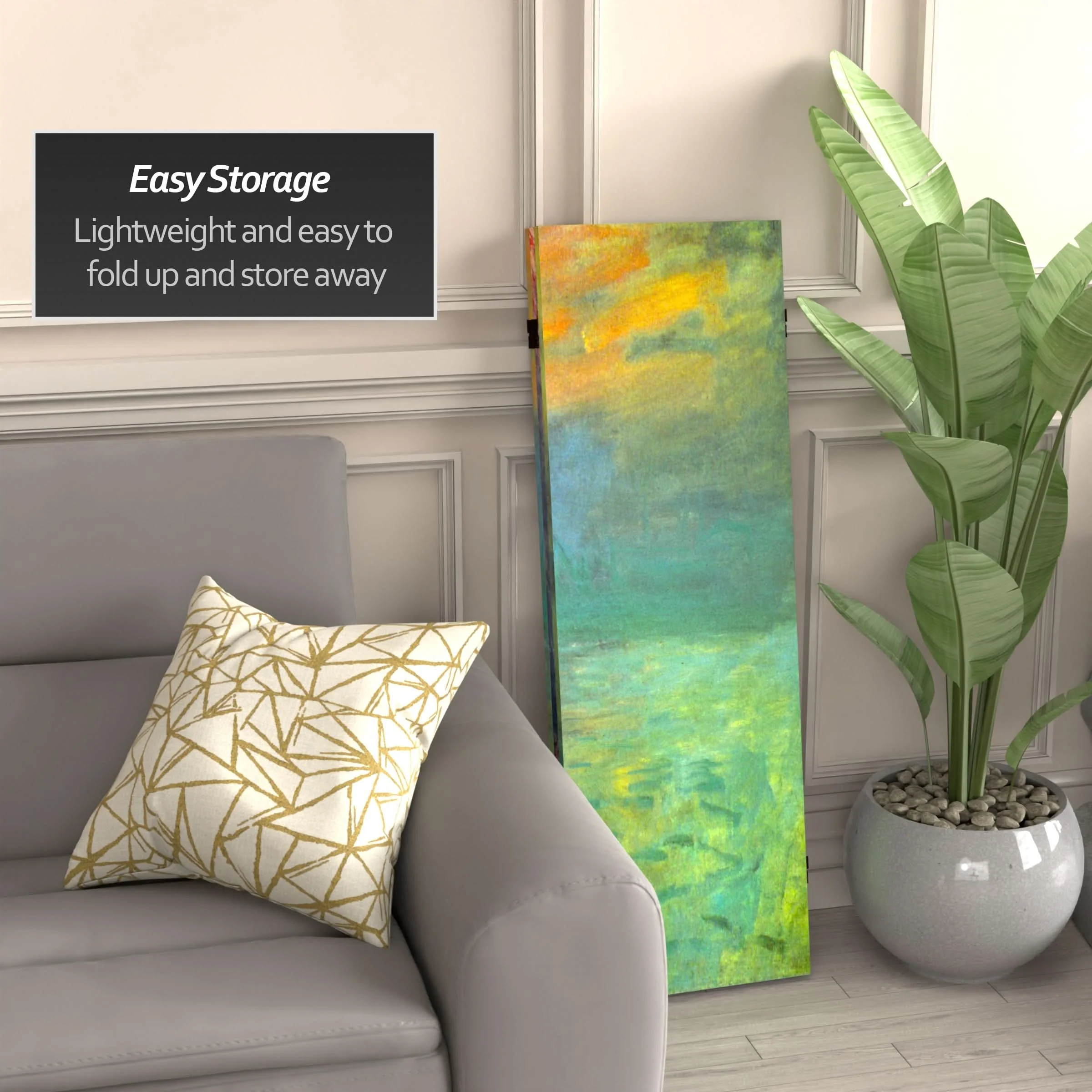 4 ft. Short Double Sided Works of Monet Canvas Folding Screen - Impression Sunrise/Houses of Parliament - Image 3