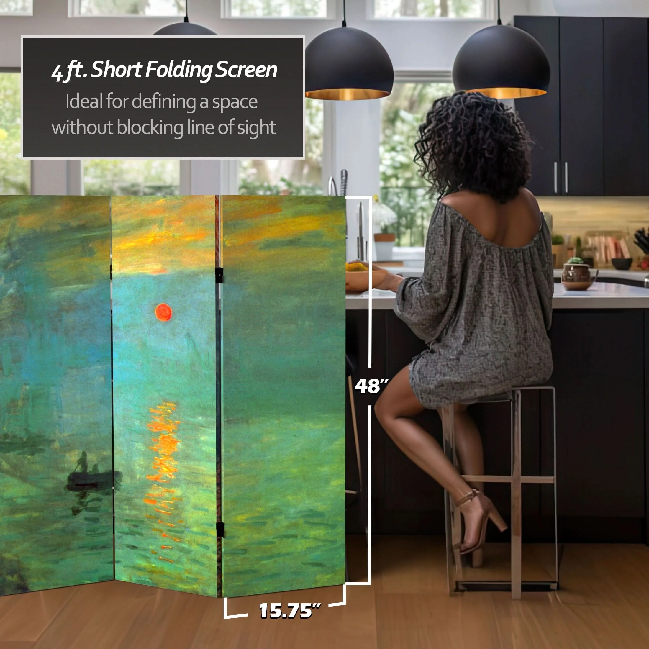 4 ft. Short Double Sided Works of Monet Canvas Folding Screen - Impression Sunrise/Houses of Parliament - Image 5
