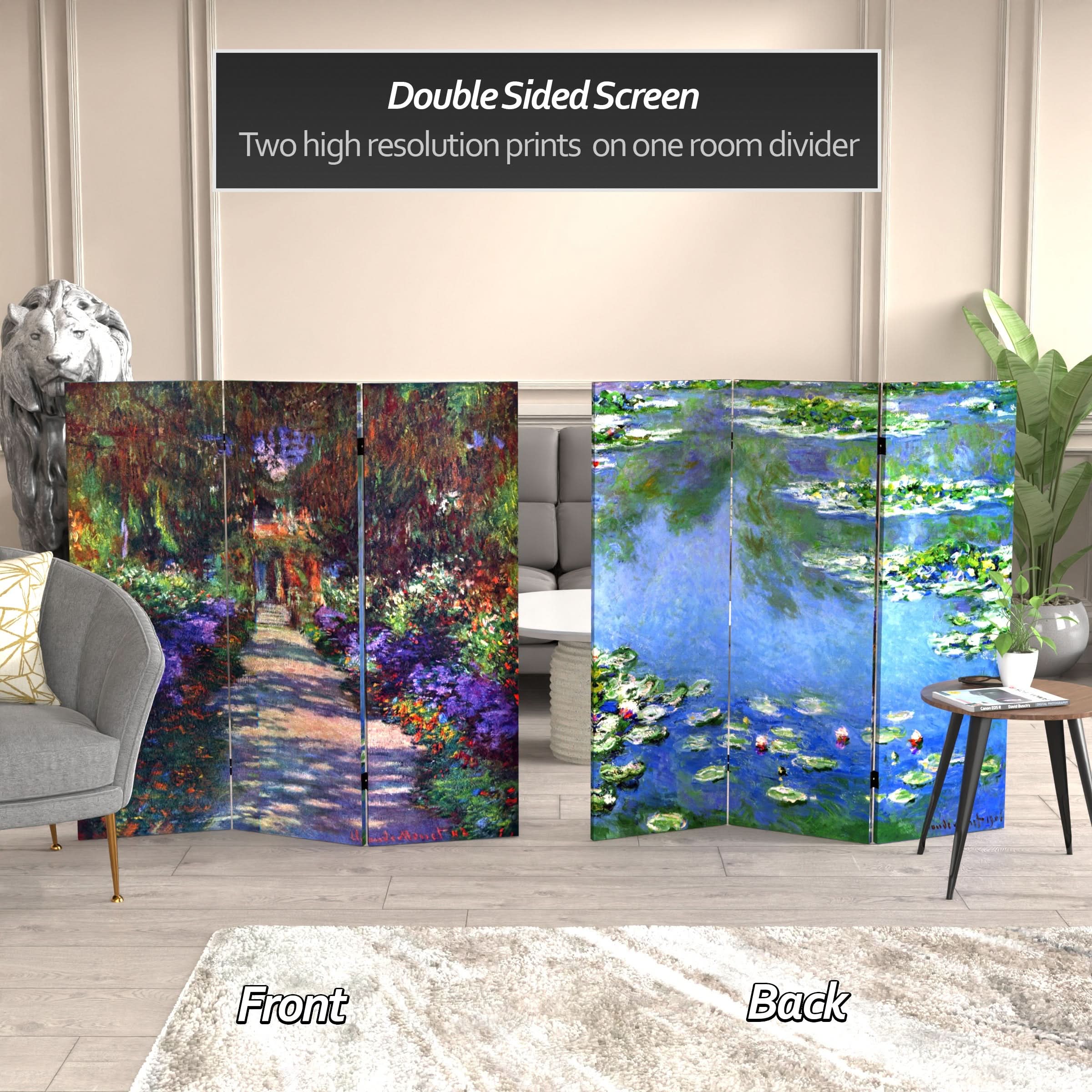 4 ft. Short Double Sided Works of Monet Canvas Folding Screen - Lilies/Garden at Giverny - Image 2