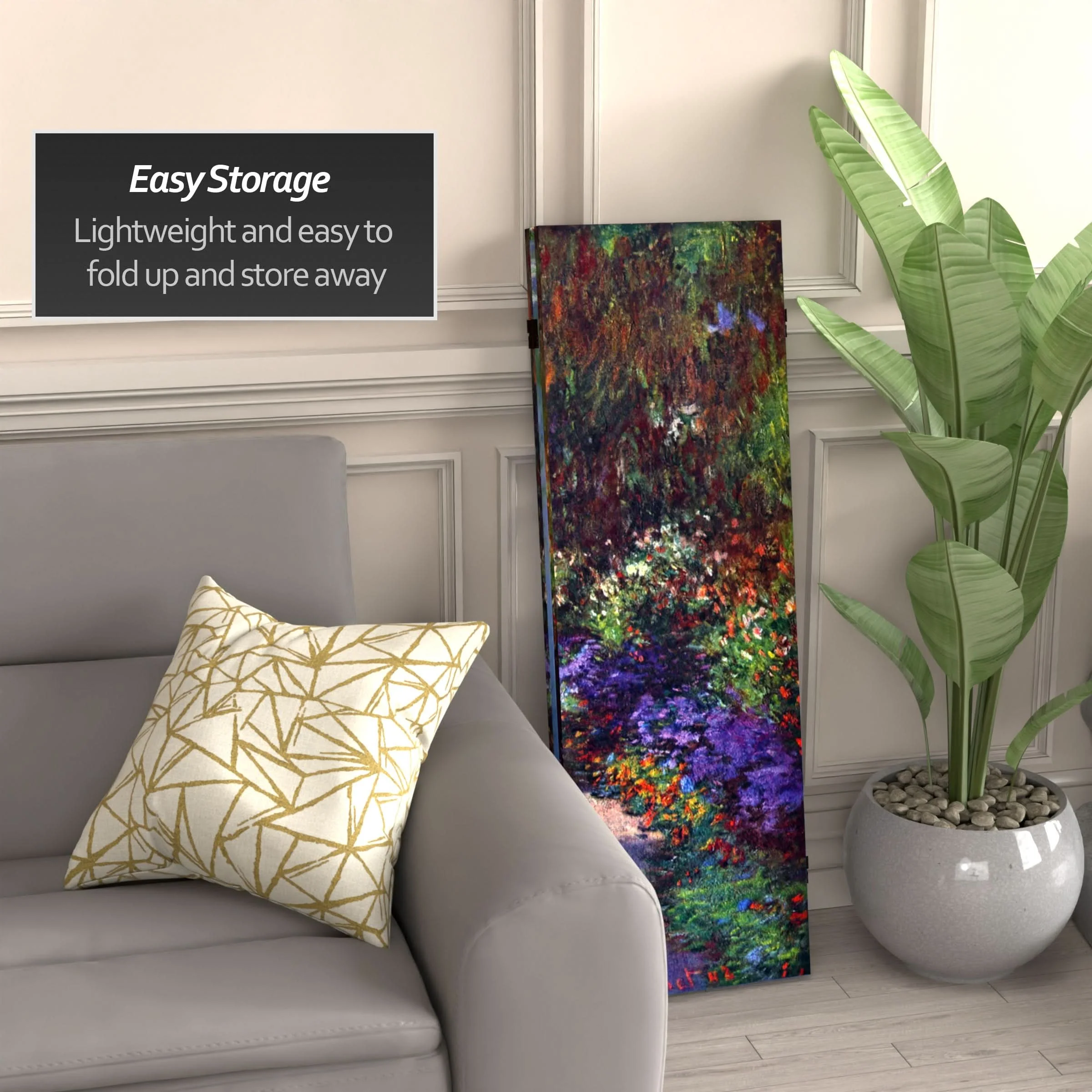 4 ft. Short Double Sided Works of Monet Canvas Folding Screen - Lilies/Garden at Giverny - Image 3