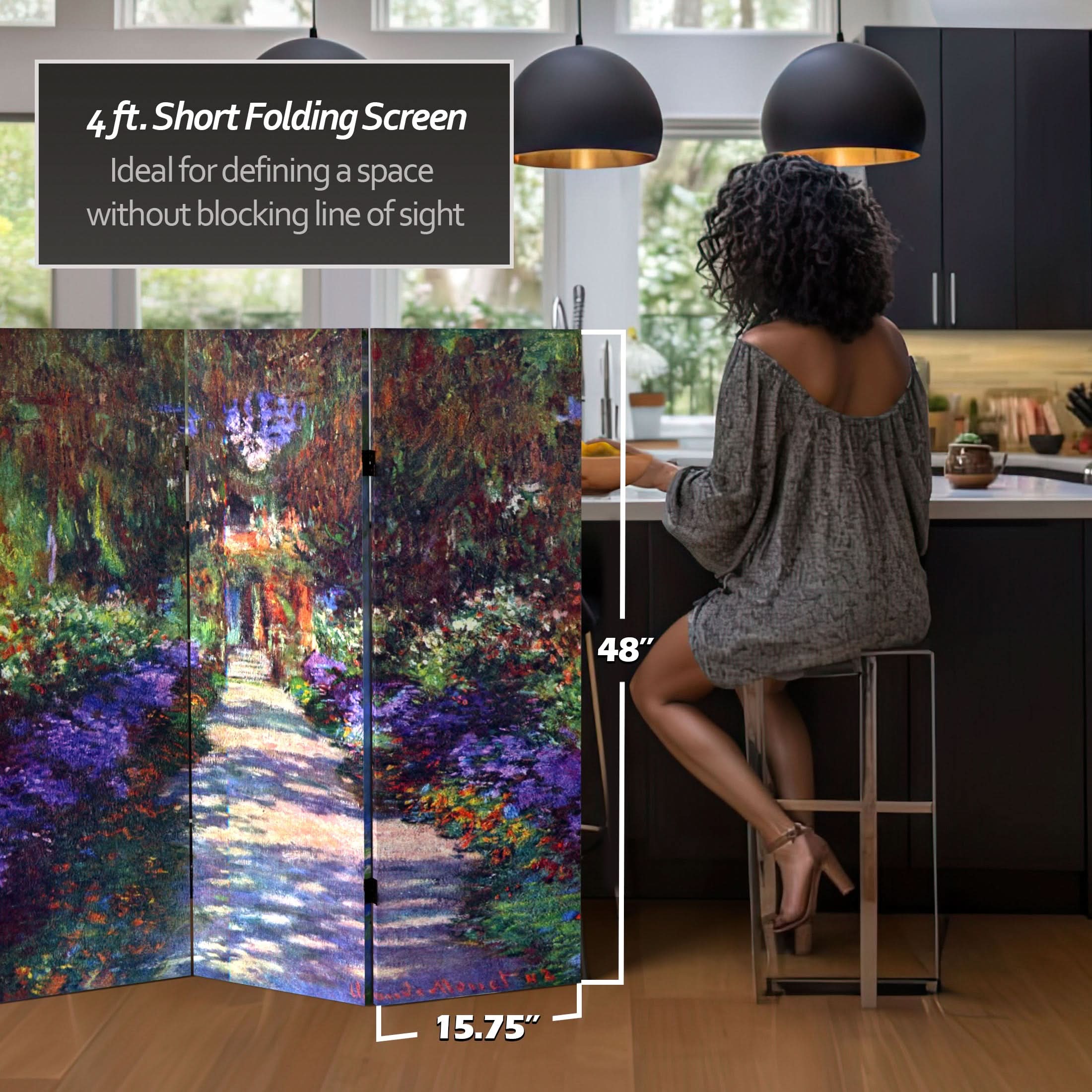 4 ft. Short Double Sided Works of Monet Canvas Folding Screen - Lilies/Garden at Giverny - Image 5