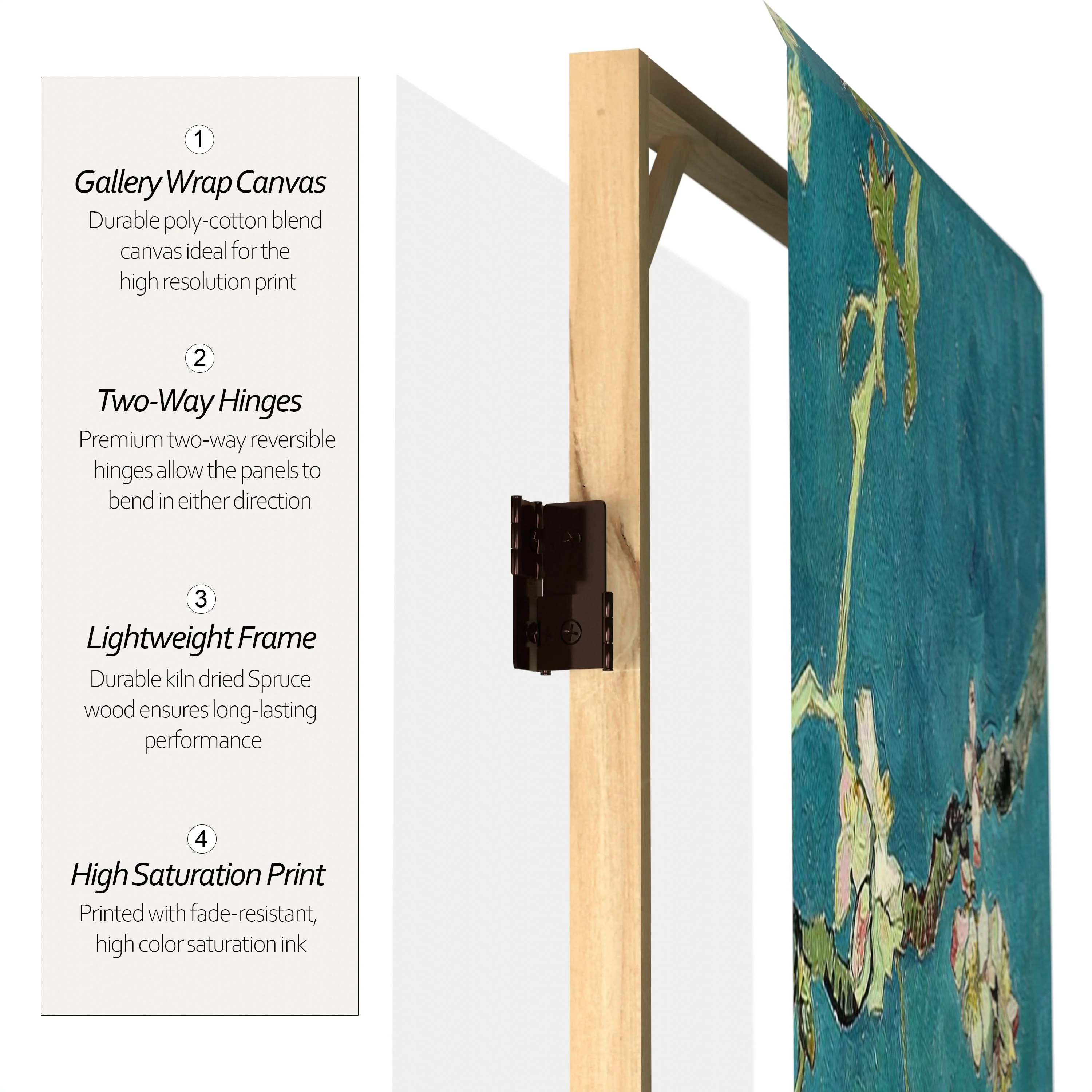 4 ft. Short Double Sided Works of Van Gogh Canvas Folding Screen - Almond Blossoms/Wheat Field - Image 4
