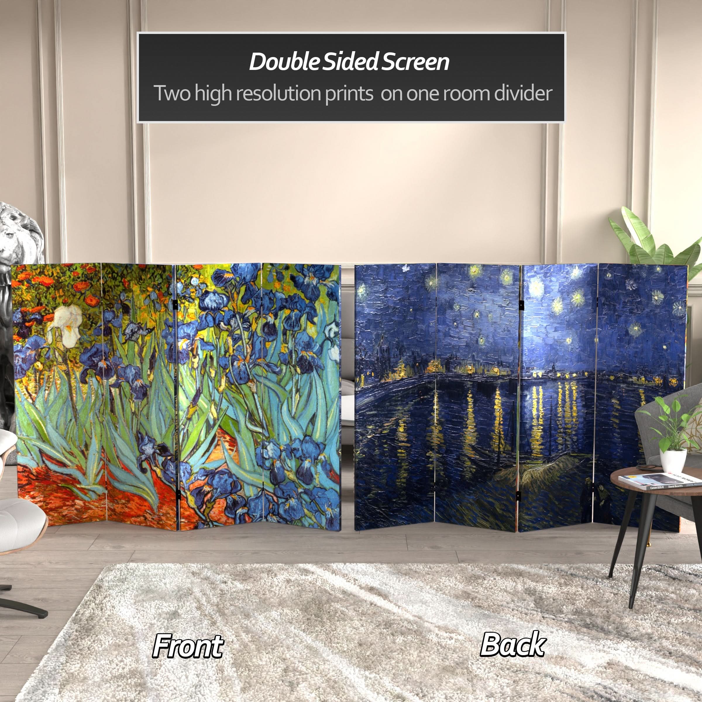4 ft. Short Double Sided Works of Van Gogh Canvas Folding Screen - Irises/Starry Night Over Rhone - Image 2