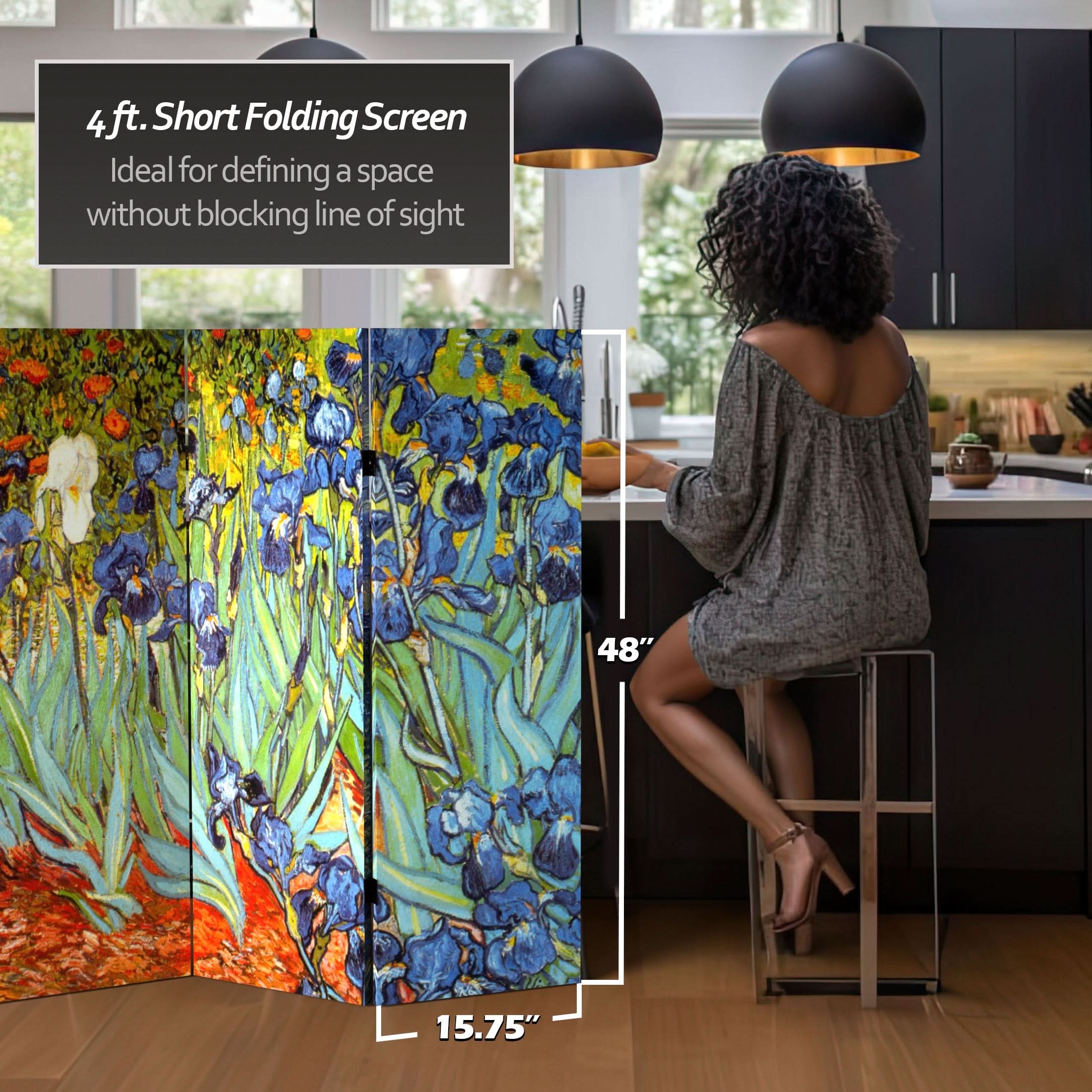 4 ft. Short Double Sided Works of Van Gogh Canvas Folding Screen - Irises/Starry Night Over Rhone - Image 5