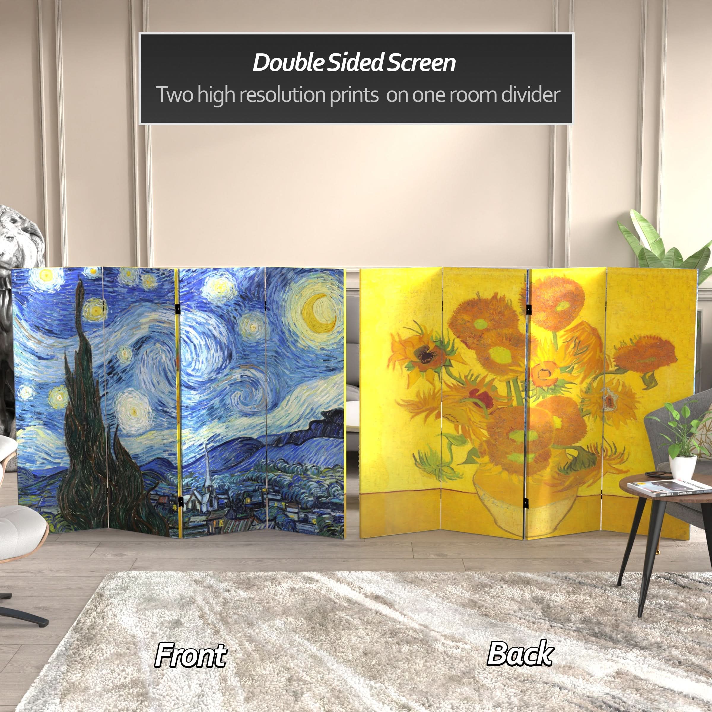 4 ft. Short Double Sided Works of Van Gogh Canvas Folding Screen - Starry Night/Sunflowers - Image 2