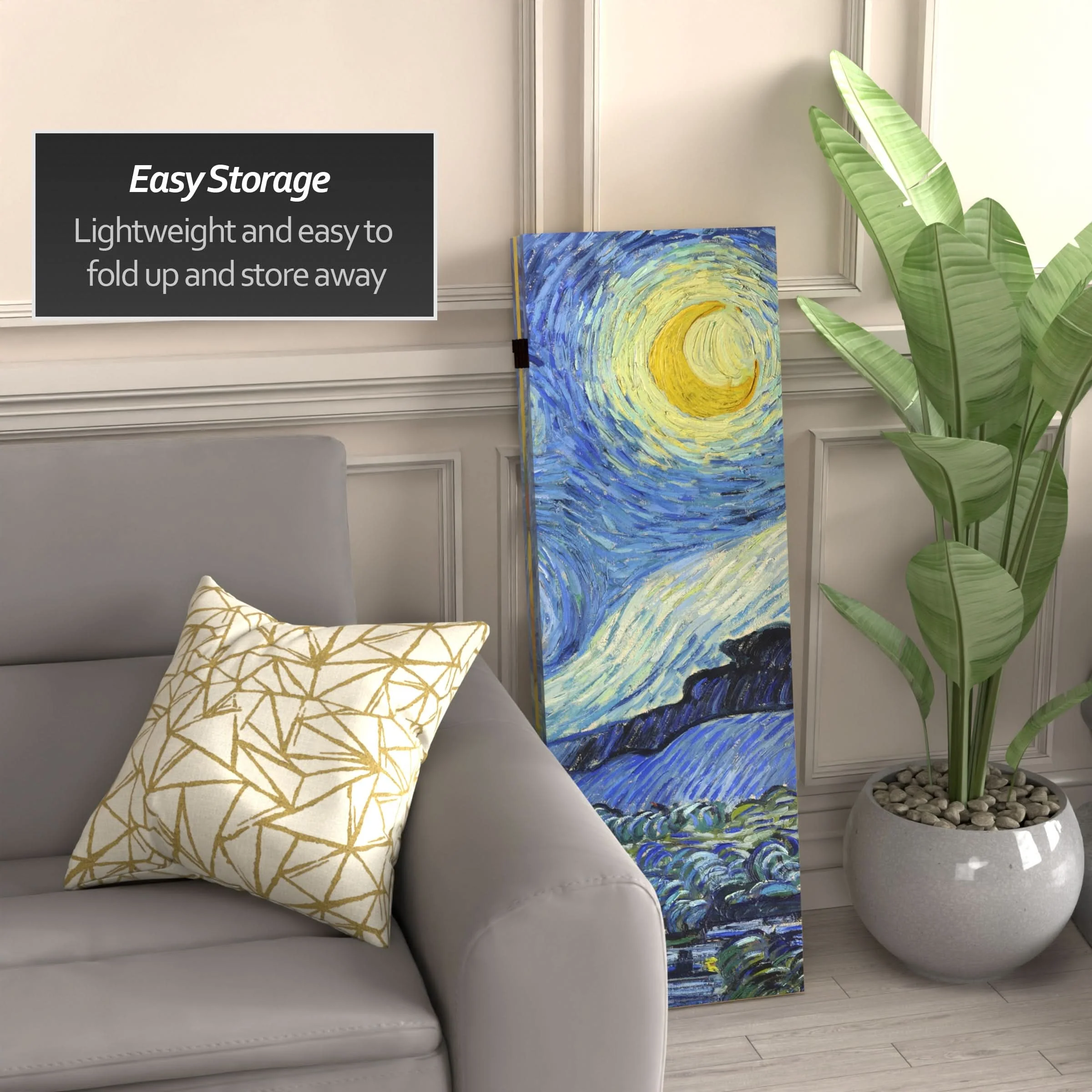 4 ft. Short Double Sided Works of Van Gogh Canvas Folding Screen - Starry Night/Sunflowers - Image 3