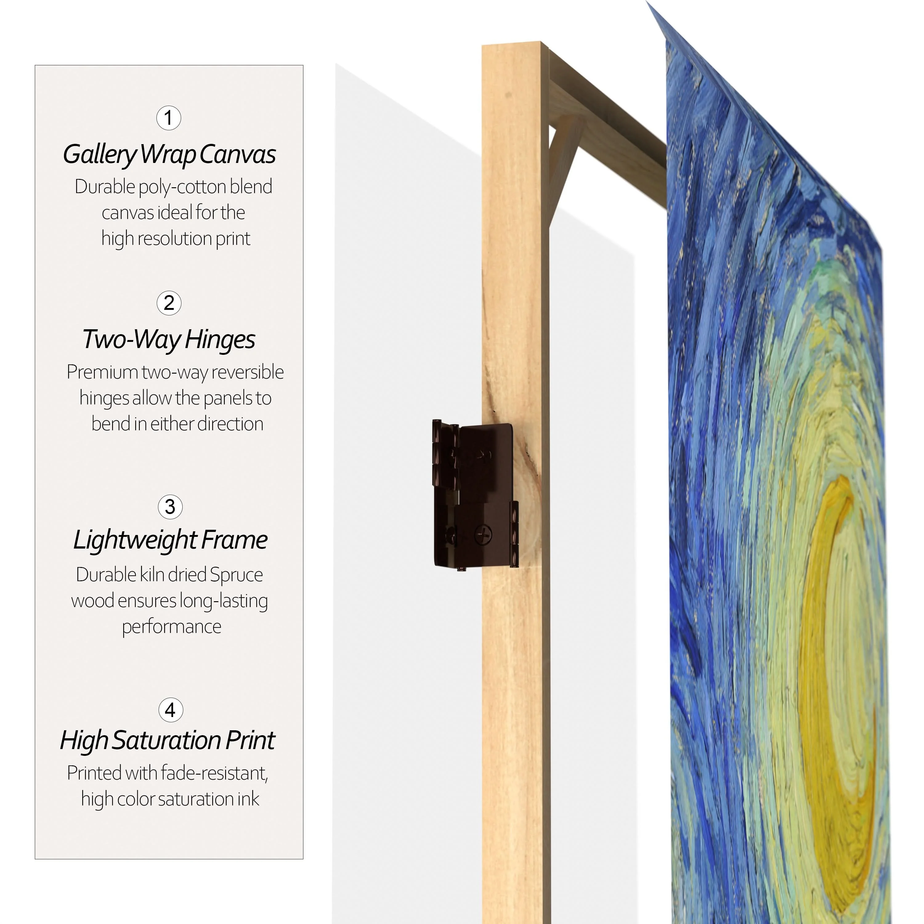 4 ft. Short Double Sided Works of Van Gogh Canvas Folding Screen - Starry Night/Sunflowers - Image 4