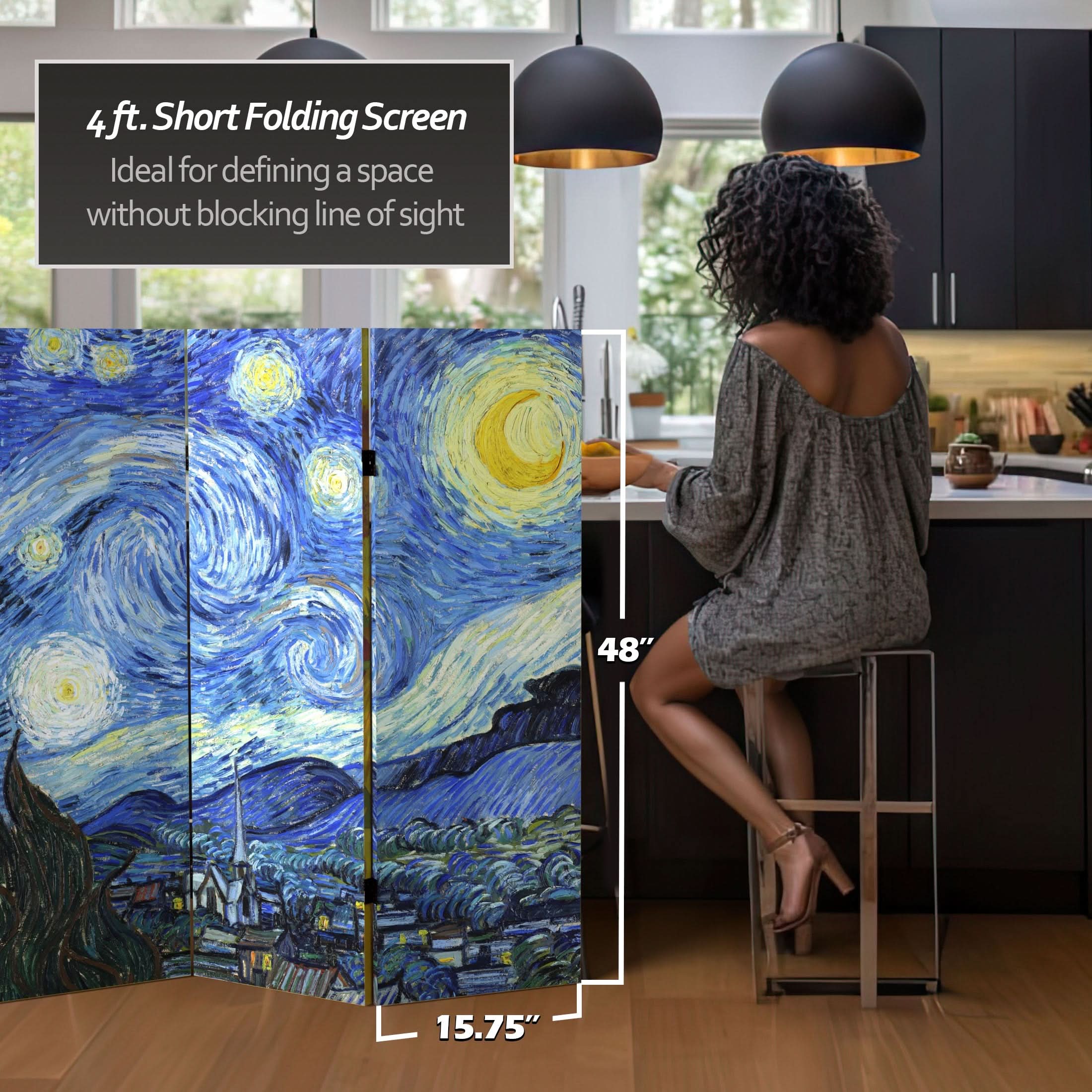 4 ft. Short Double Sided Works of Van Gogh Canvas Folding Screen - Starry Night/Sunflowers - Image 5