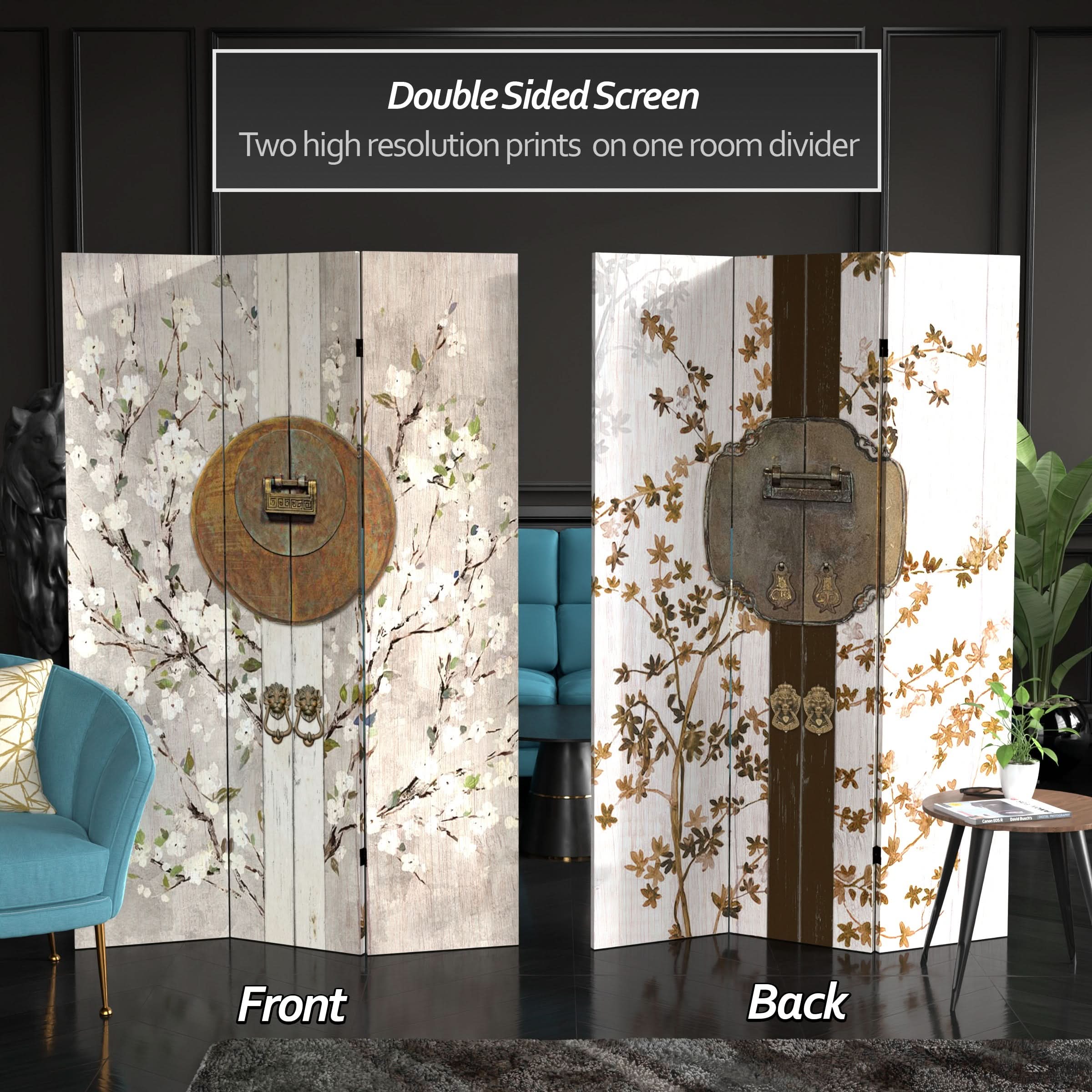 6 ft. Tall Double Sided Asian Lock Canvas Room Divider - Image 2