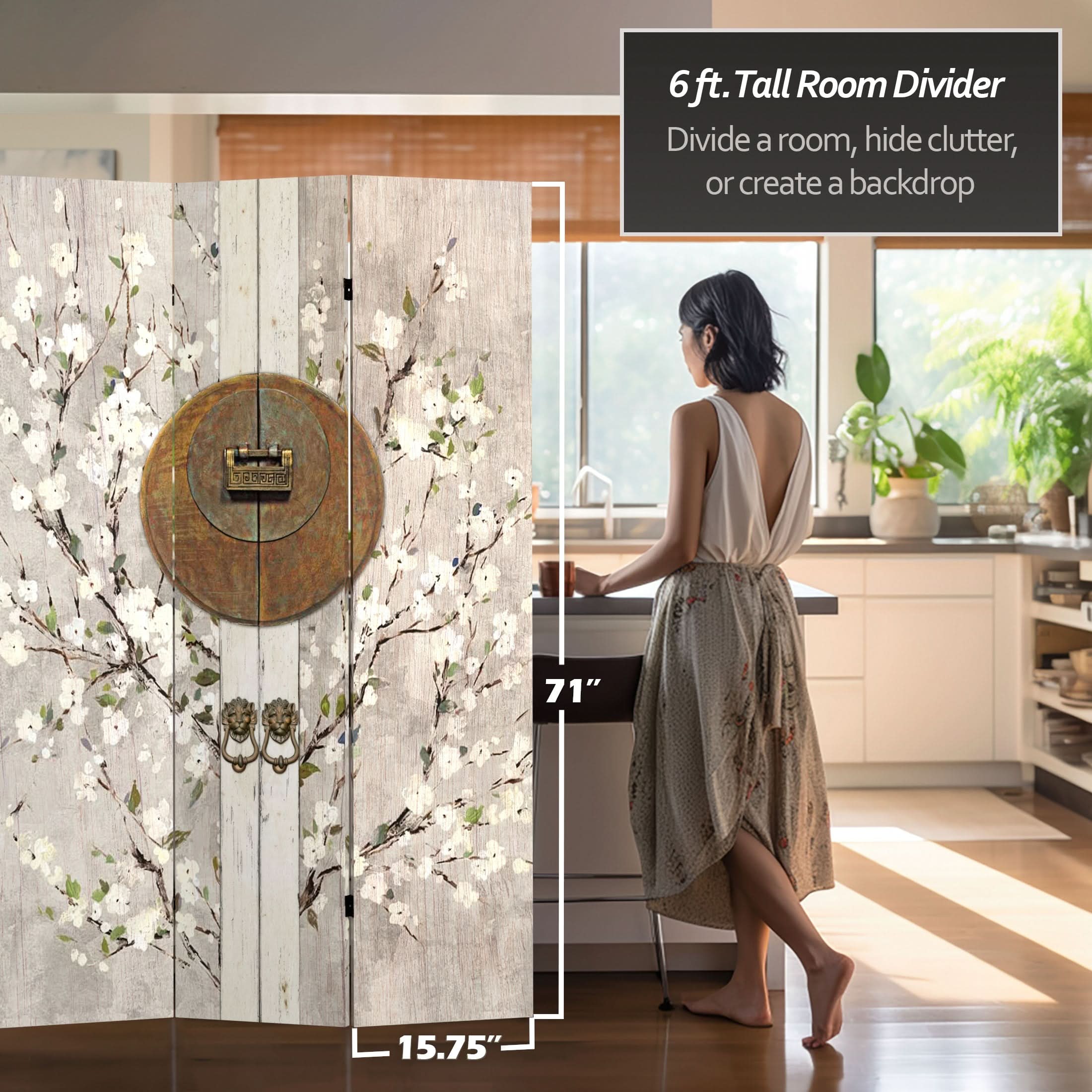 6 ft. Tall Double Sided Asian Lock Canvas Room Divider - Image 5