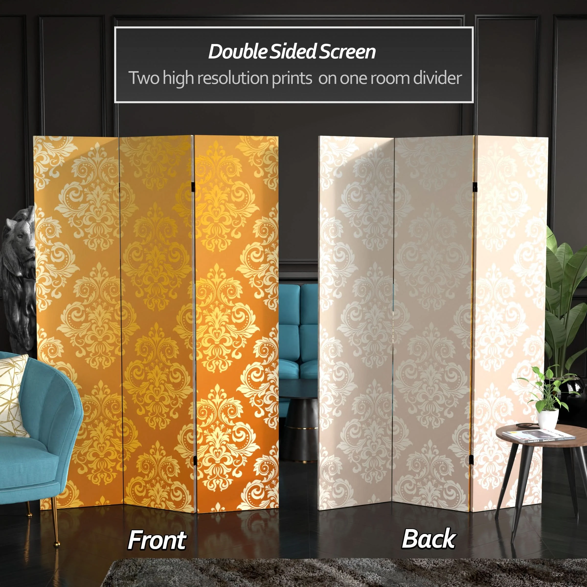 6 ft. Tall Double Sided Baroque Wallpaper Canvas Room Divider - Image 2
