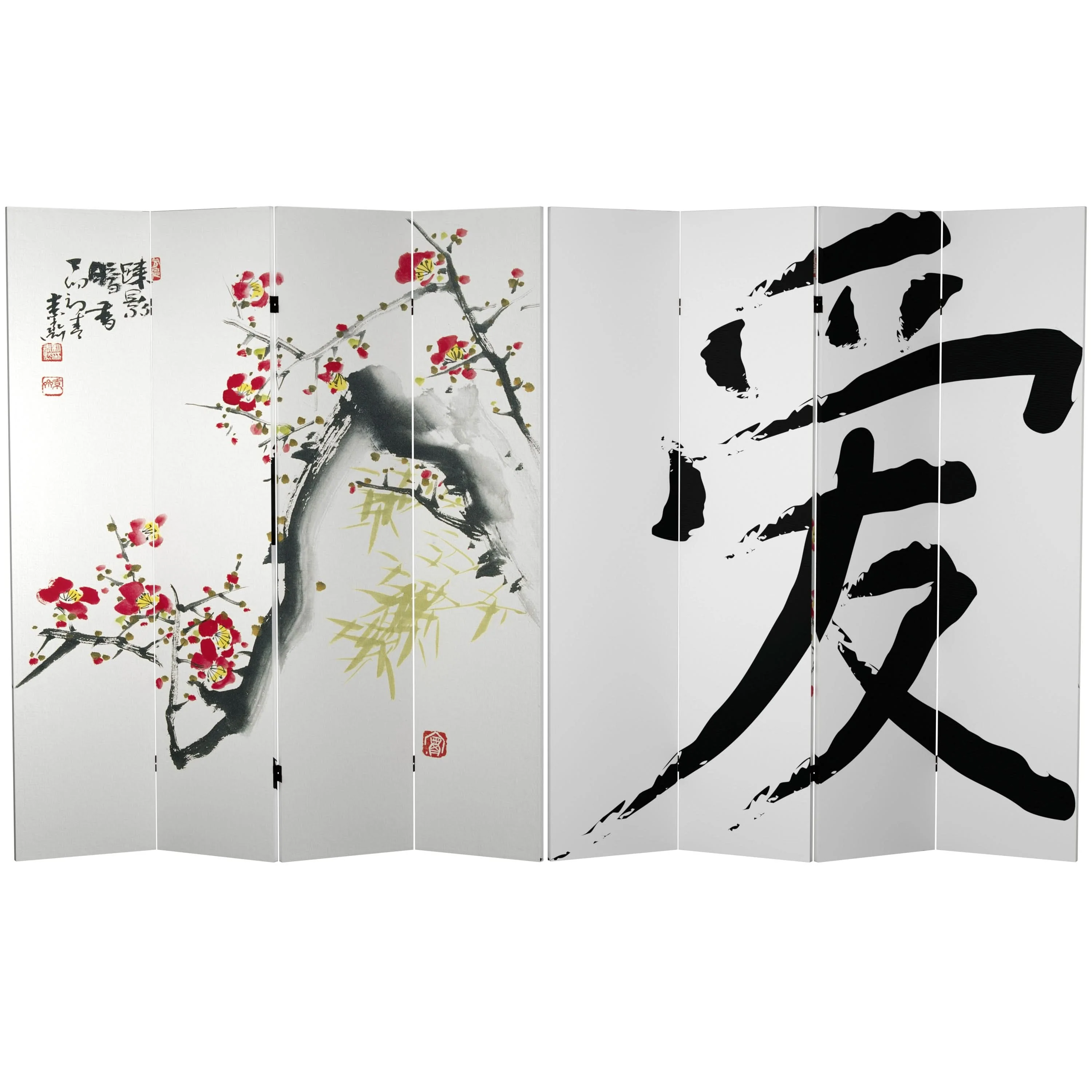 6 ft. Tall Double Sided Cherry Blossoms and Love Canvas Room Divider 4 Panel