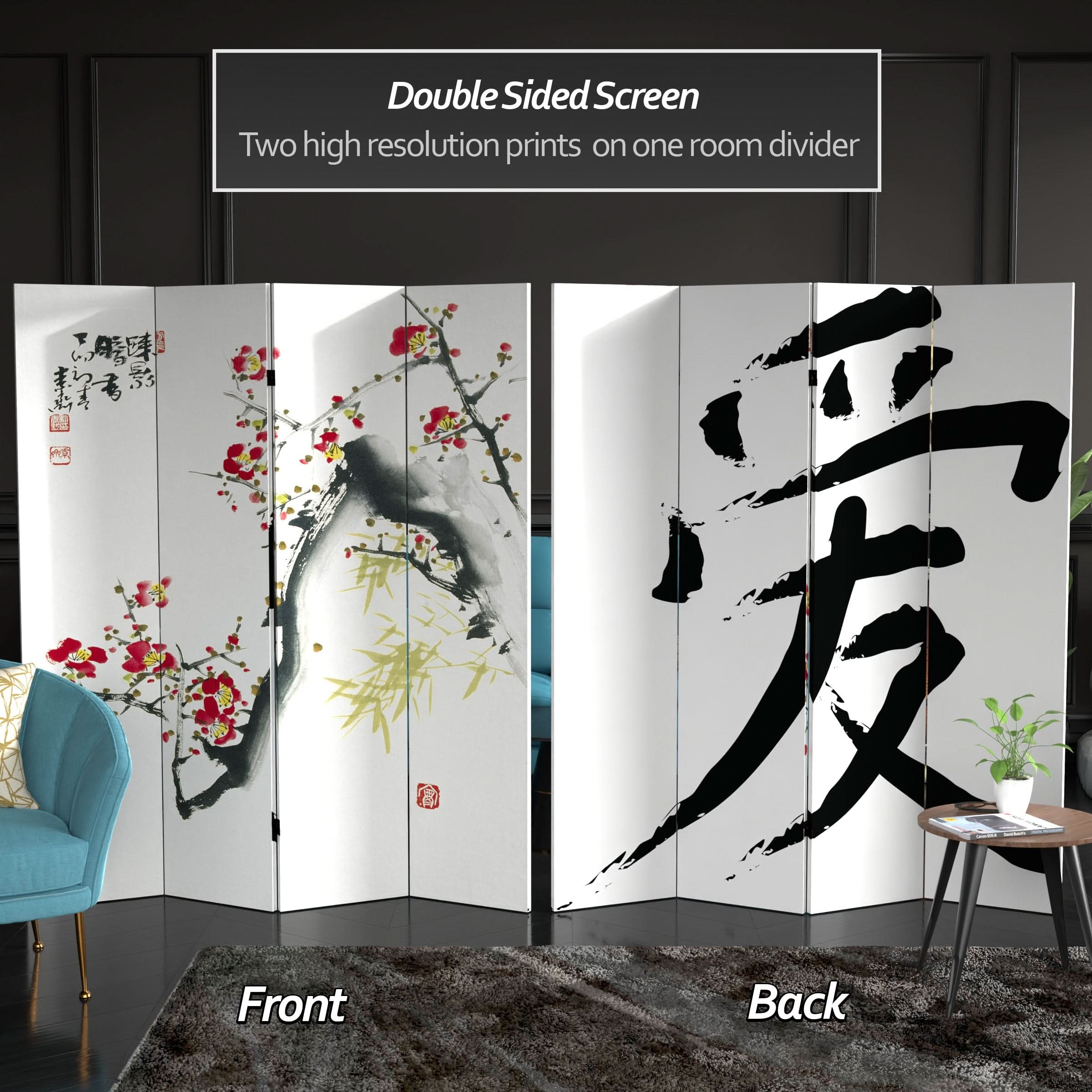6 ft. Tall Double Sided Cherry Blossoms and Love Canvas Room Divider 4 Panel - Image 2