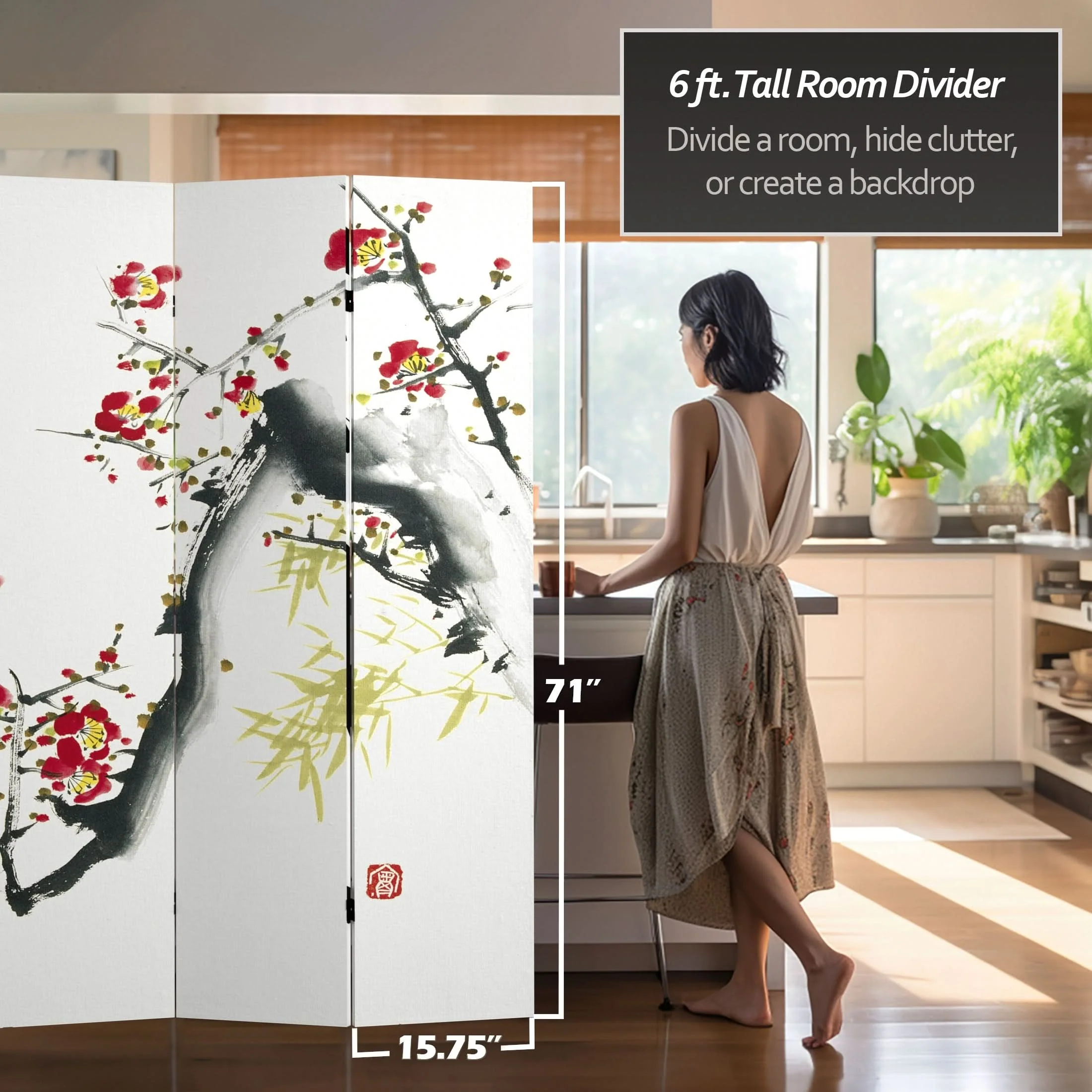6 ft. Tall Double Sided Cherry Blossoms and Love Canvas Room Divider 4 Panel - Image 4