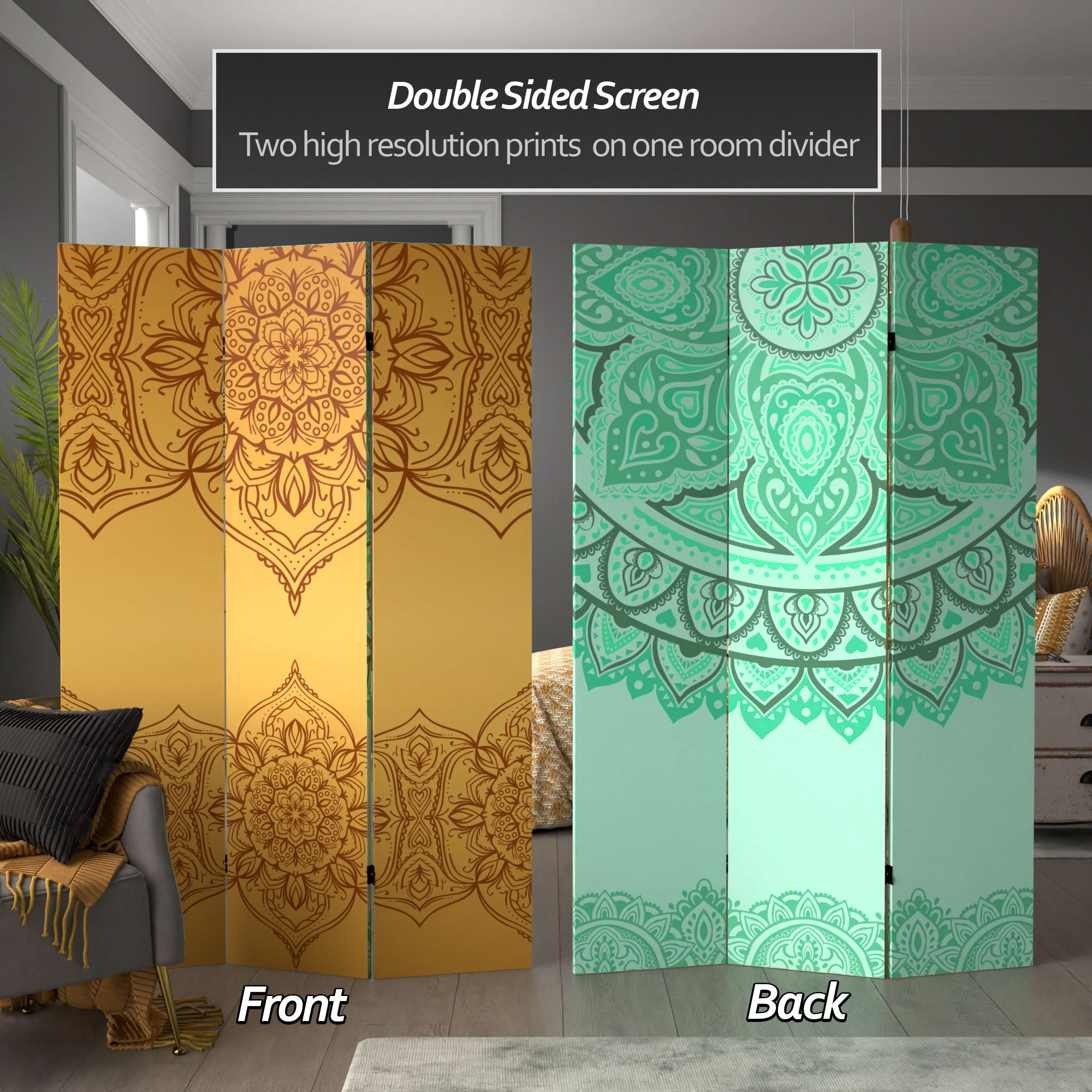 6 ft. Tall Double Sided Gold and Green Mandalas Canvas Room Divider - Image 2