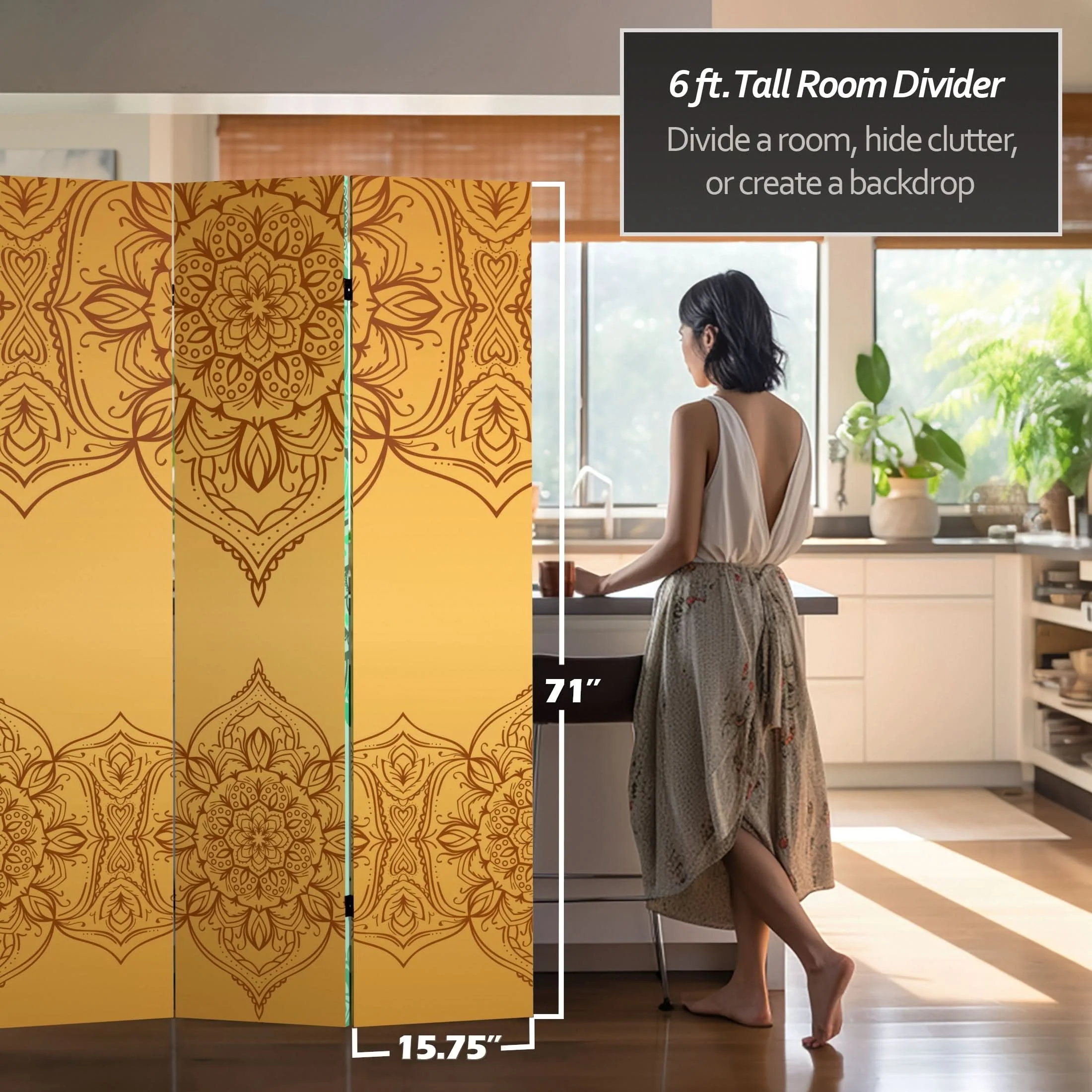6 ft. Tall Double Sided Gold and Green Mandalas Canvas Room Divider - Image 5
