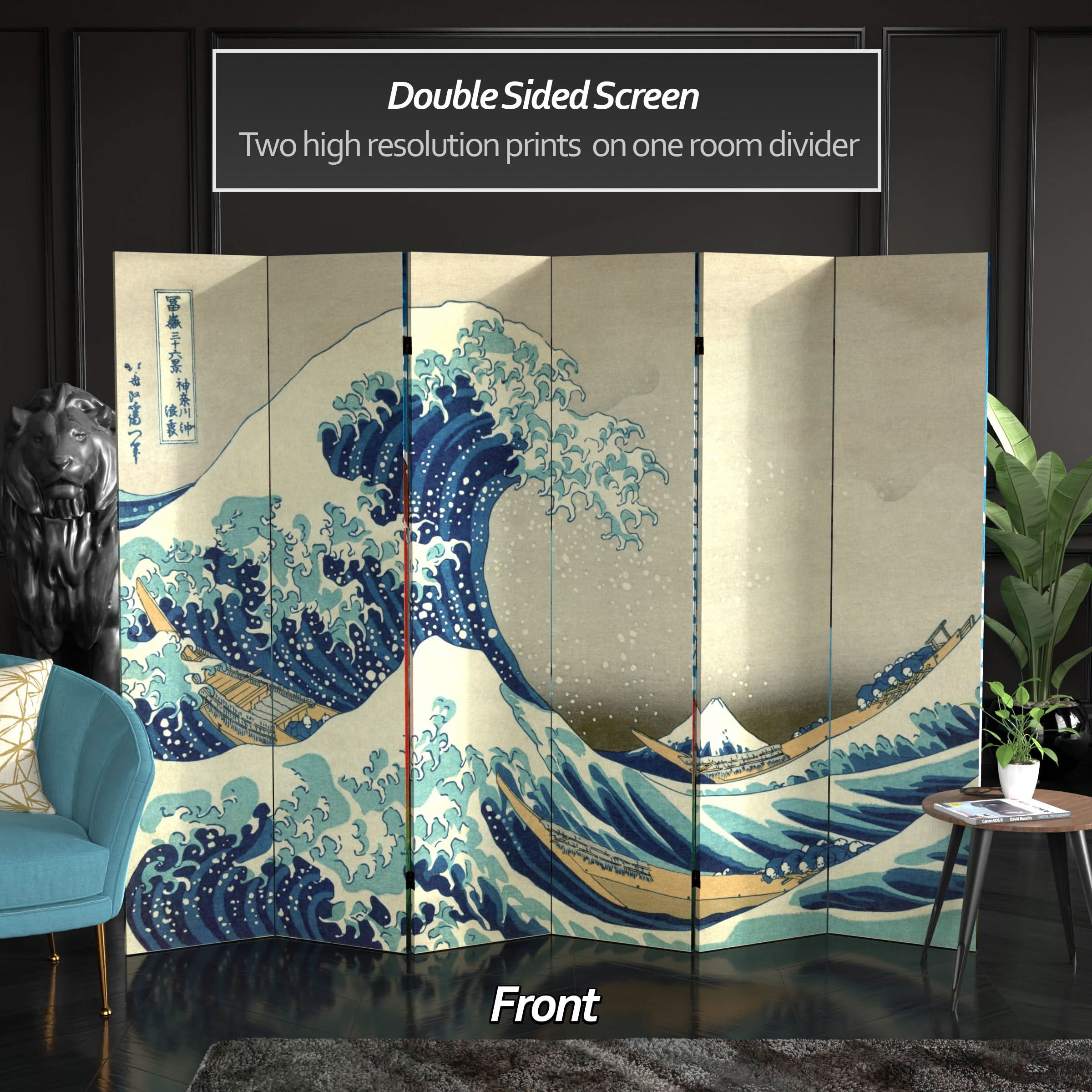 6 ft. Tall Double Sided Hokusai Room Divider - Great Wave/Red Fuji - Image 2