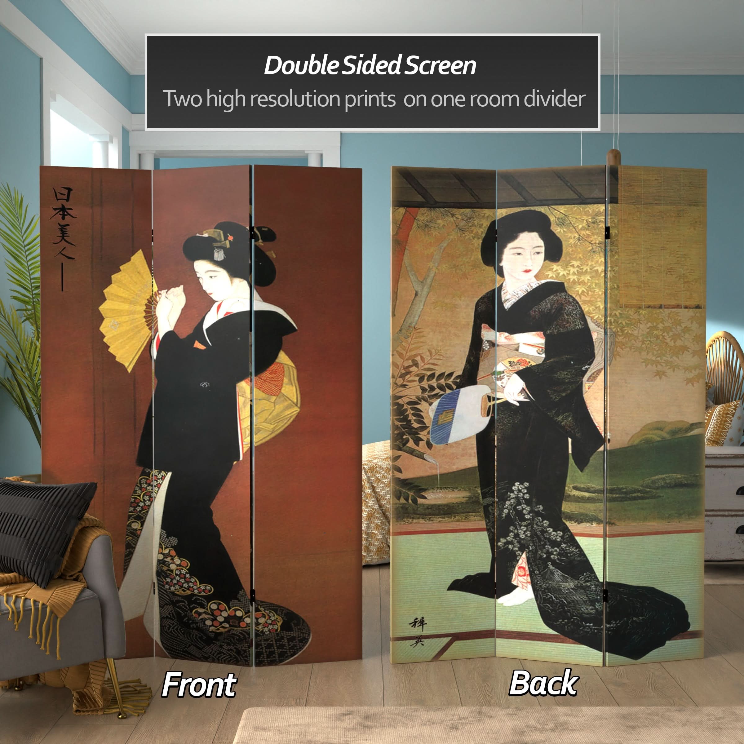 6 ft. Tall Double Sided Japanese Ladies Canvas Room Divider - Image 2