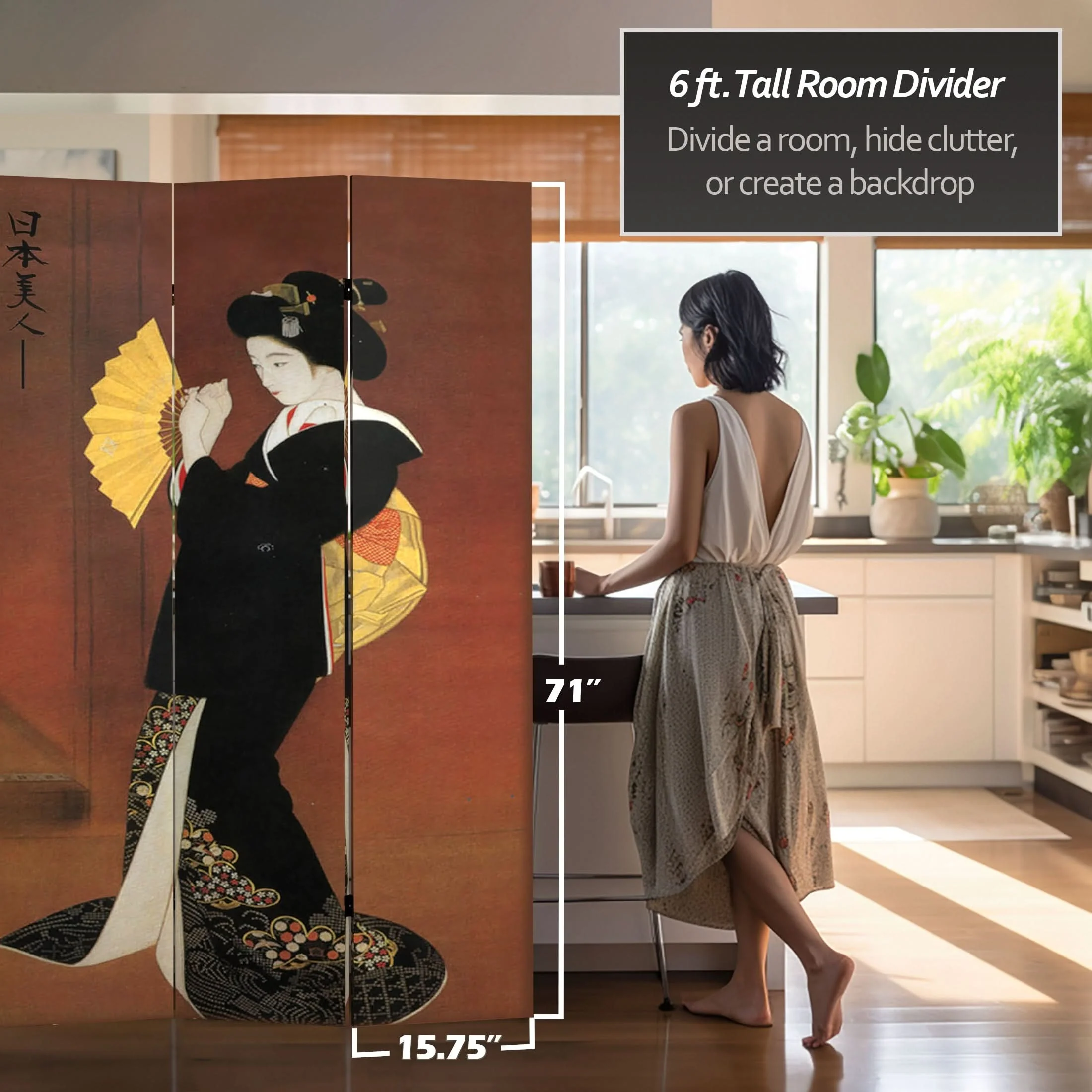 6 ft. Tall Double Sided Japanese Ladies Canvas Room Divider - Image 5